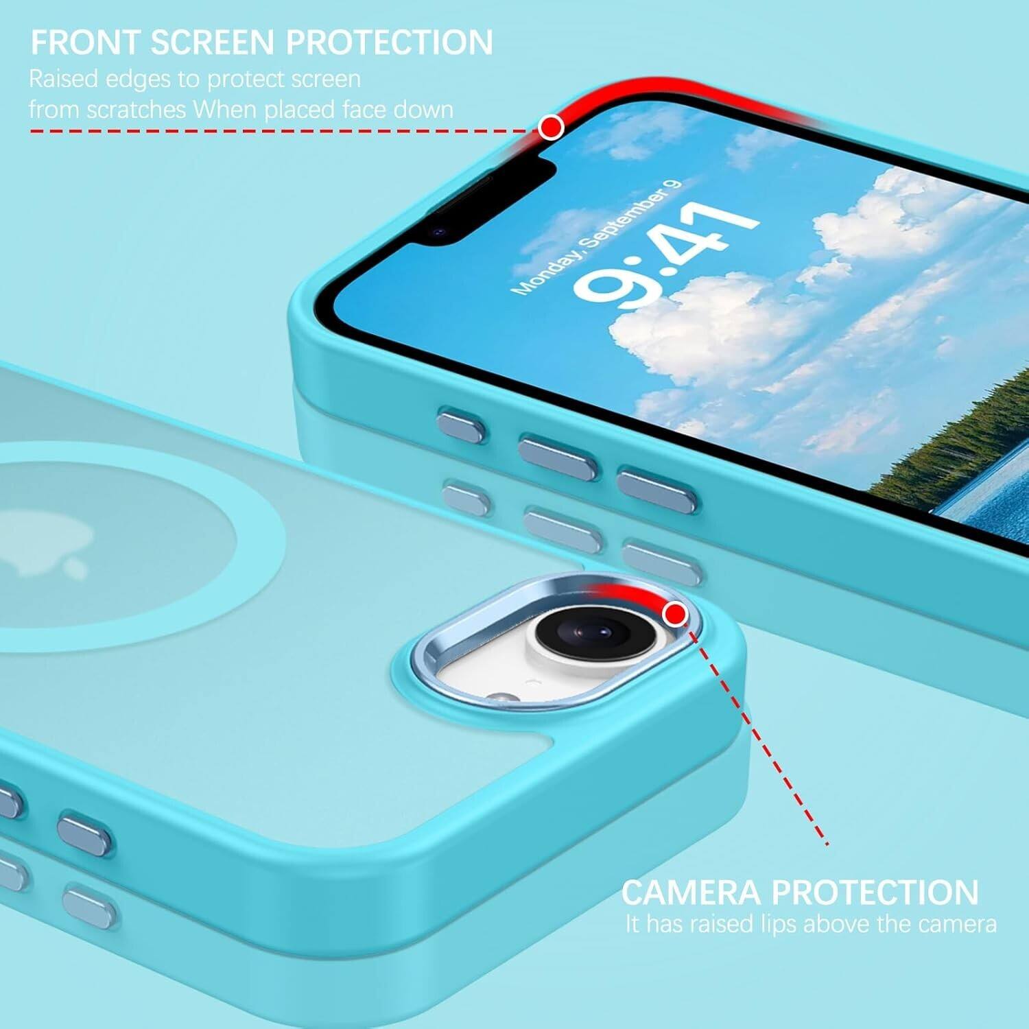 FRONT SCREEN PROTECTION  
Raised edges to protect screen from scratches When placed face down  

CAMERA PROTECTION  
It has raised lips above the camera