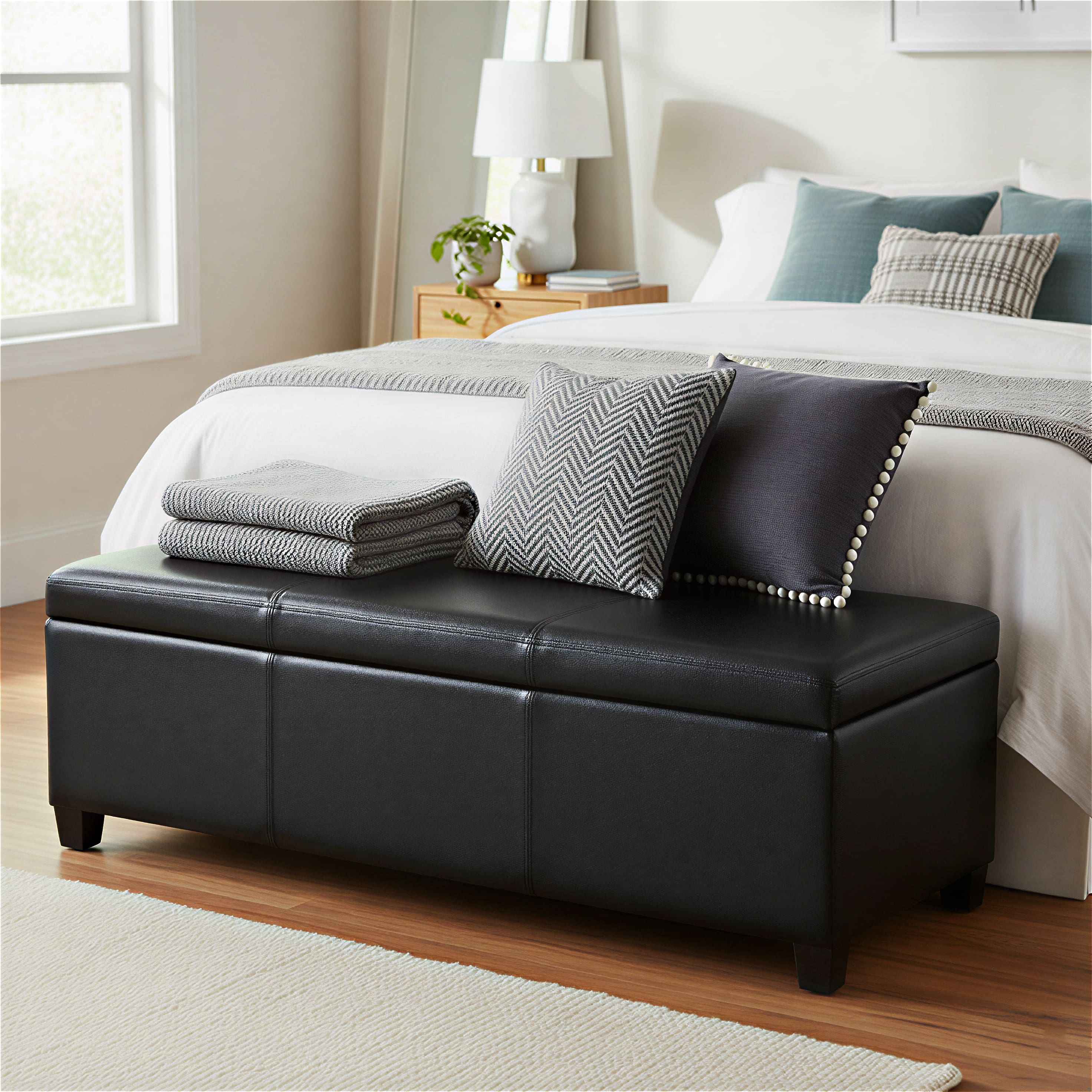 Simpli Home - Avalon 48 inch Wide Solid Wood Rectangular Upholstered Storage Ottoman Bench - Carbon Black