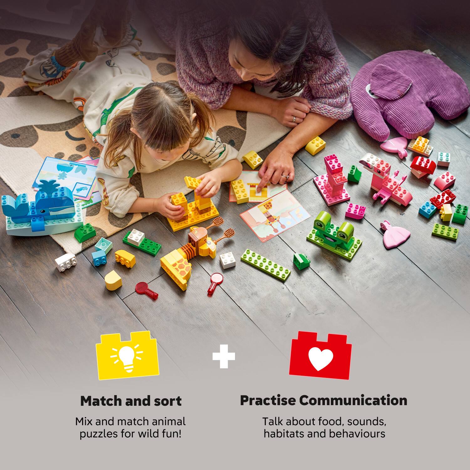 Match and sort  
Mix and match animal puzzles for wild fun!  

Practise Communication  
Talk about food, sounds, habitats and behaviours