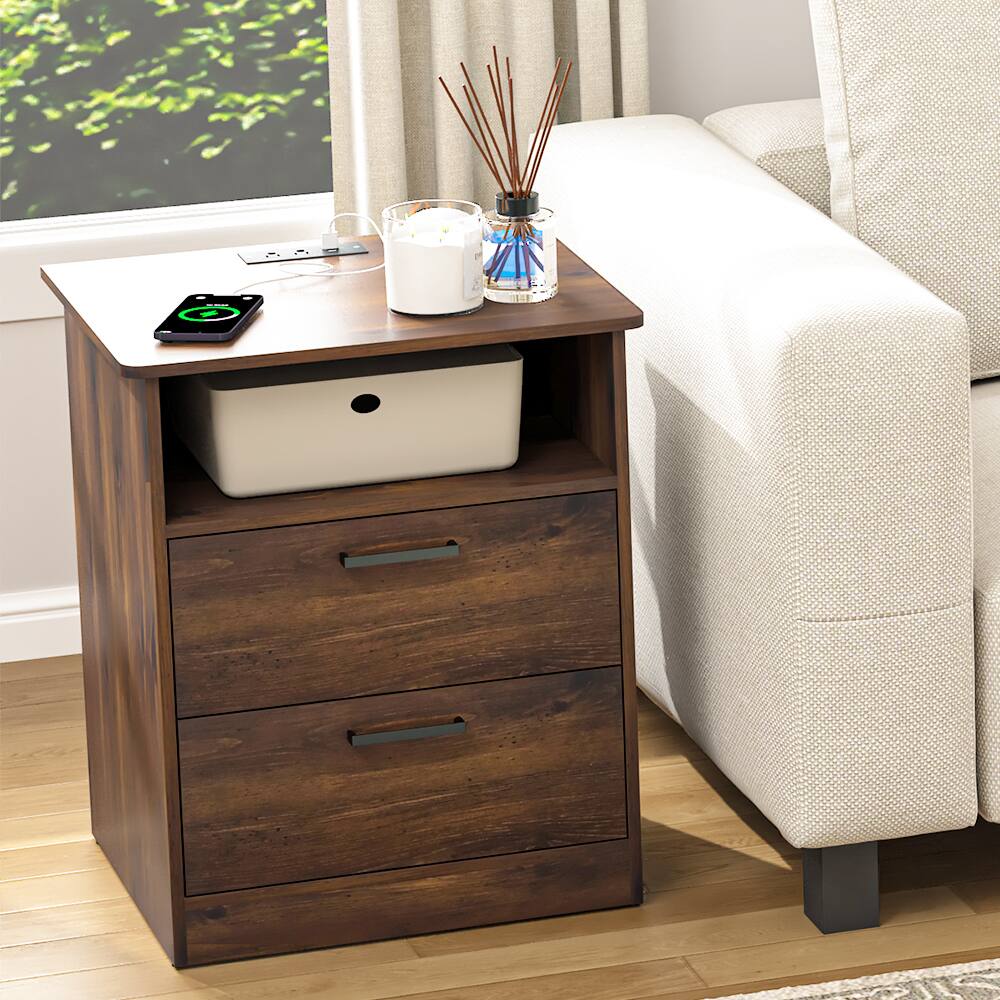 Angle. Kadyn - Kadyn Wood Nightstand With Charging Station, Bedside Table With 2 Drawers, Bedroom - BR 2-Pack.