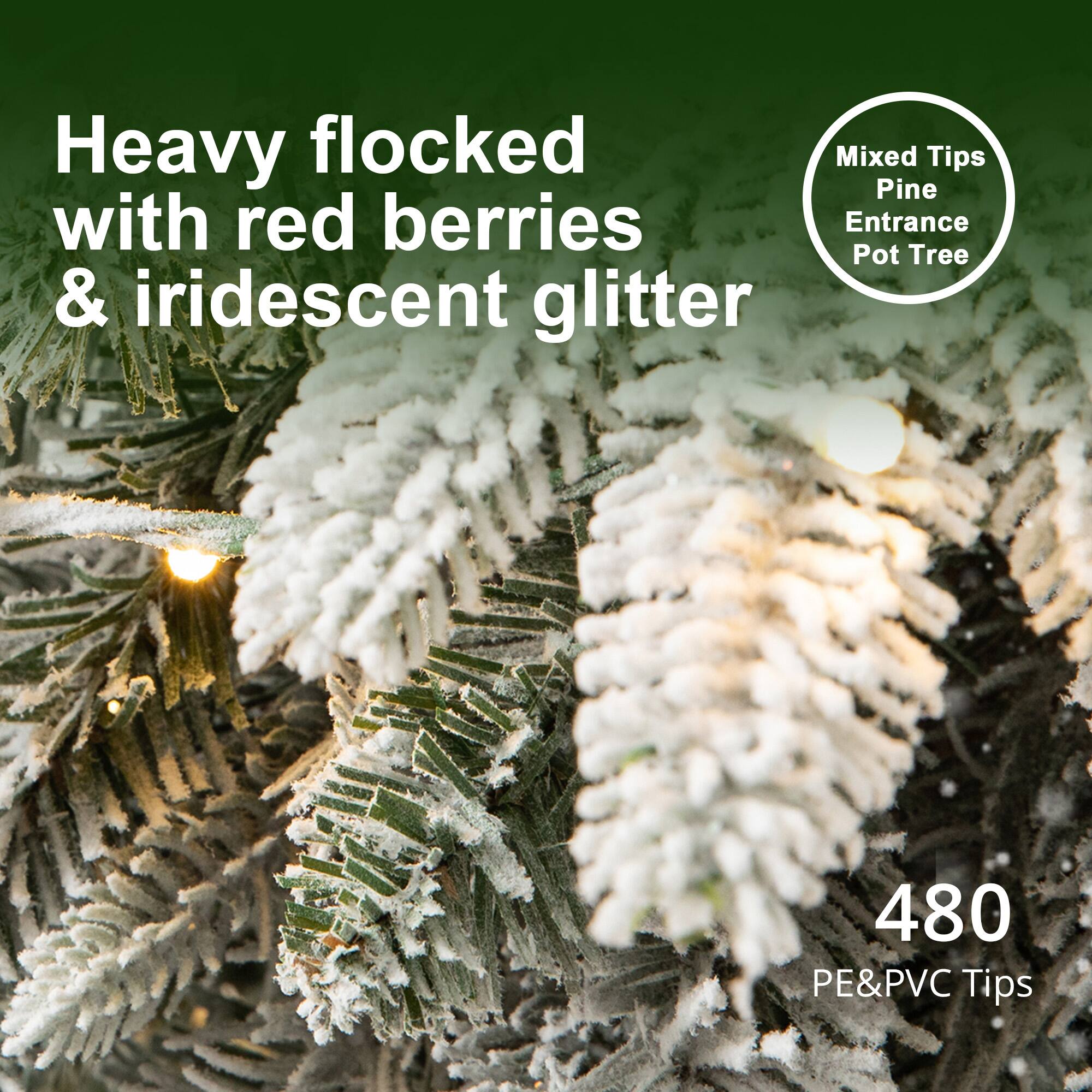Heavy flocked Mixed Tips Pine with red berries Entrance Pot Tree & iridescent glitter

480 PE&PVC Tips