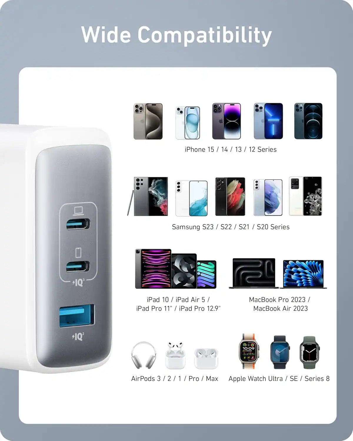 Wide Compatibility

iPhone 15 / 14 / 13 / 12 Series  
Samsung S23 / S22 / S21 / S20 Series  
iPad 10 / iPad Air 5 / iPad Pro 11" / iPad Pro 12.9"  
MacBook Pro 2023 / MacBook Air 2023  
AirPods 3 / 2 / 1 / Pro / Max  
Apple Watch Ultra / SE / Series 8