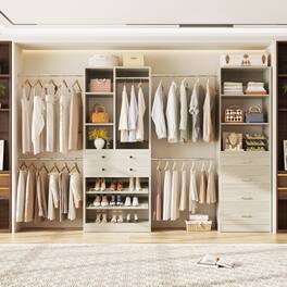 Aheaplus - 49''-127'' Adjustable Closet Organizer System with 6 Drawers, 4 Hanging Rods, and Shelves - Beige Oak