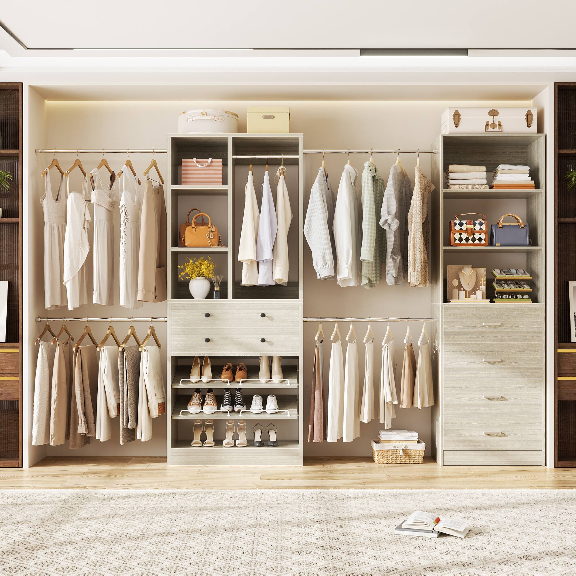Front. Aheaplus - 49''-127'' Adjustable Closet Organizer System with 6 Drawers, 4 Hanging Rods, and Shelves - Beige Oak.
