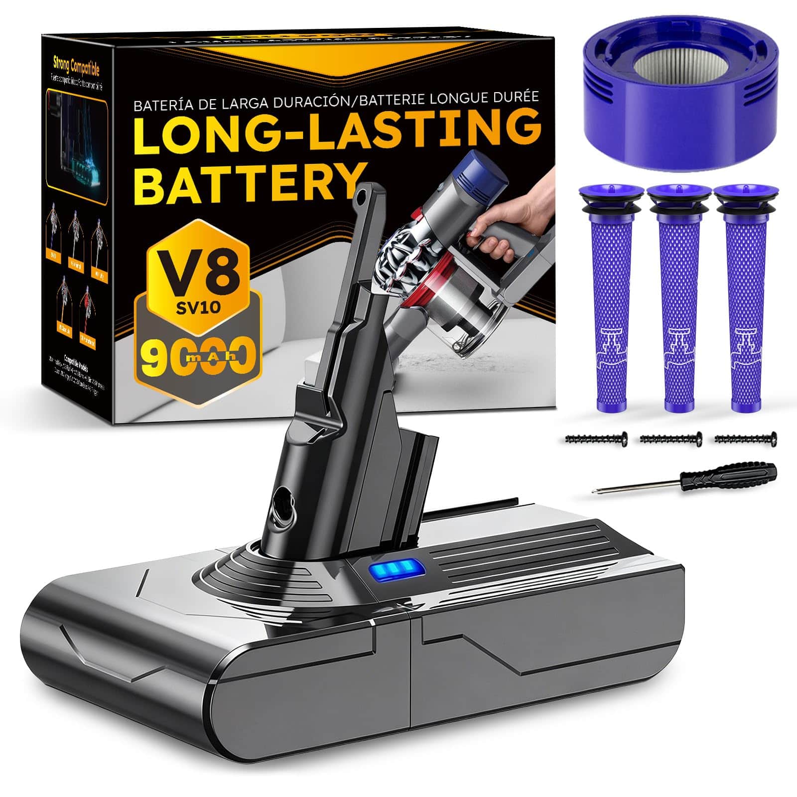 Simple Plus+ - V8 Battery Replacement for Dyson SV10, 21.6V 9000mAh Compatible with V8 Animal Absolute Motorhead Vacuum + 4 Filters