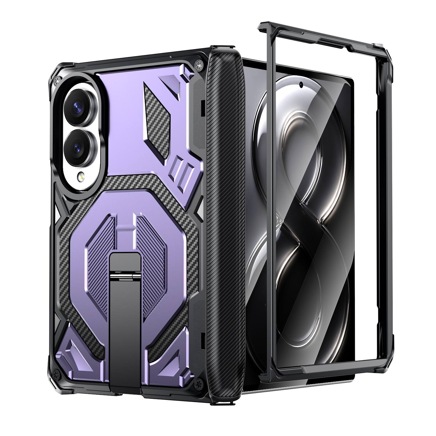 Angle. Dteck - Heavy Duty Rugged Magnetic Case For Samsung Galaxy Z Fold8, Foldable Kickstand Shockproof Hinge Protection Cover - Purple.