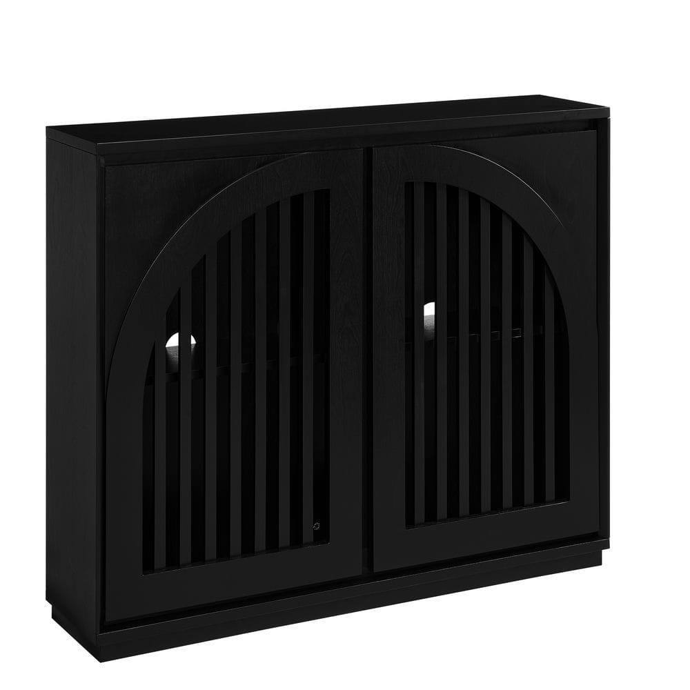 Back. Kadyn - Mid-Century Fluted Sideboard with 2 Outlet Holes - Black - Black.