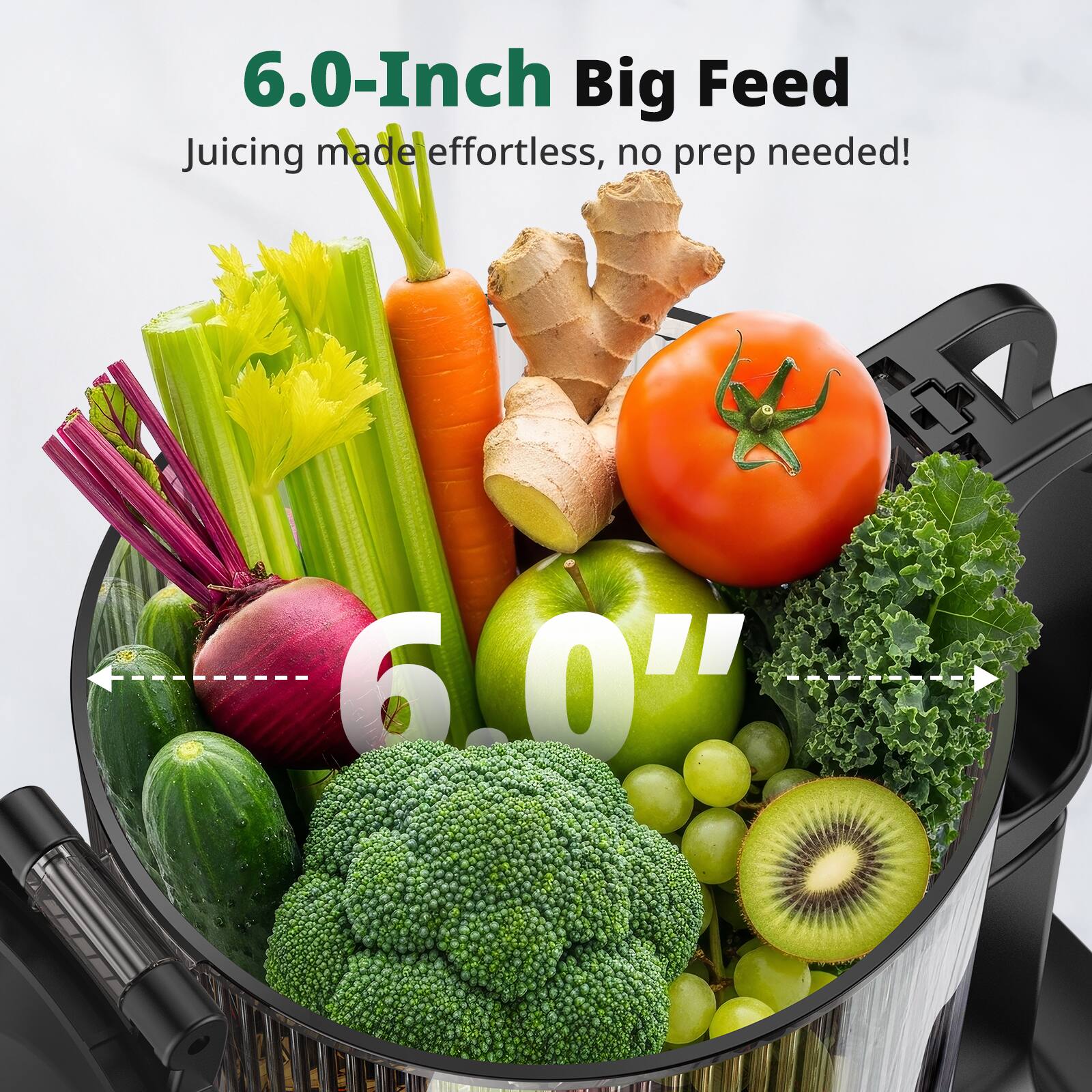 6.0-Inch Big Feed  
Juicing made effortless, no prep needed!