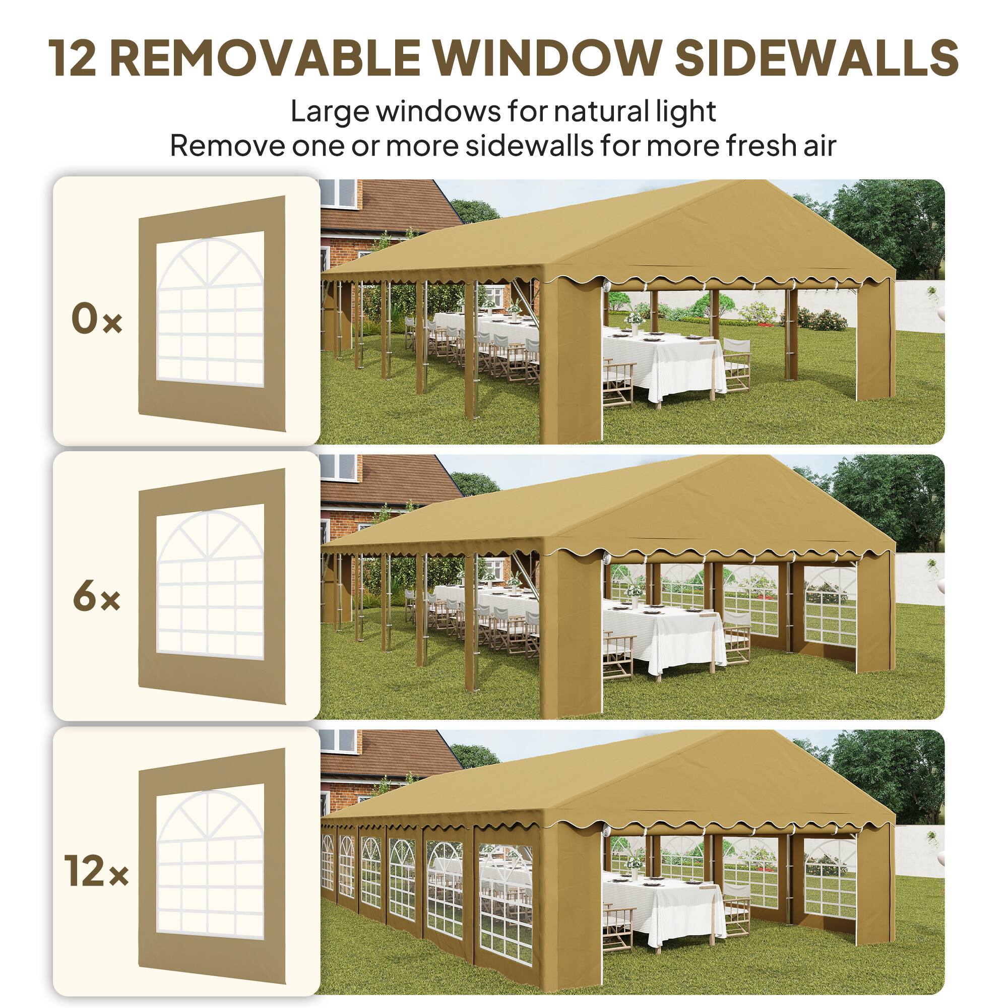 12 REMOVABLE WINDOW SIDEWALLS  
Large windows for natural light  
Remove one or more sidewalls for more fresh air  

0x  
6x  
12x