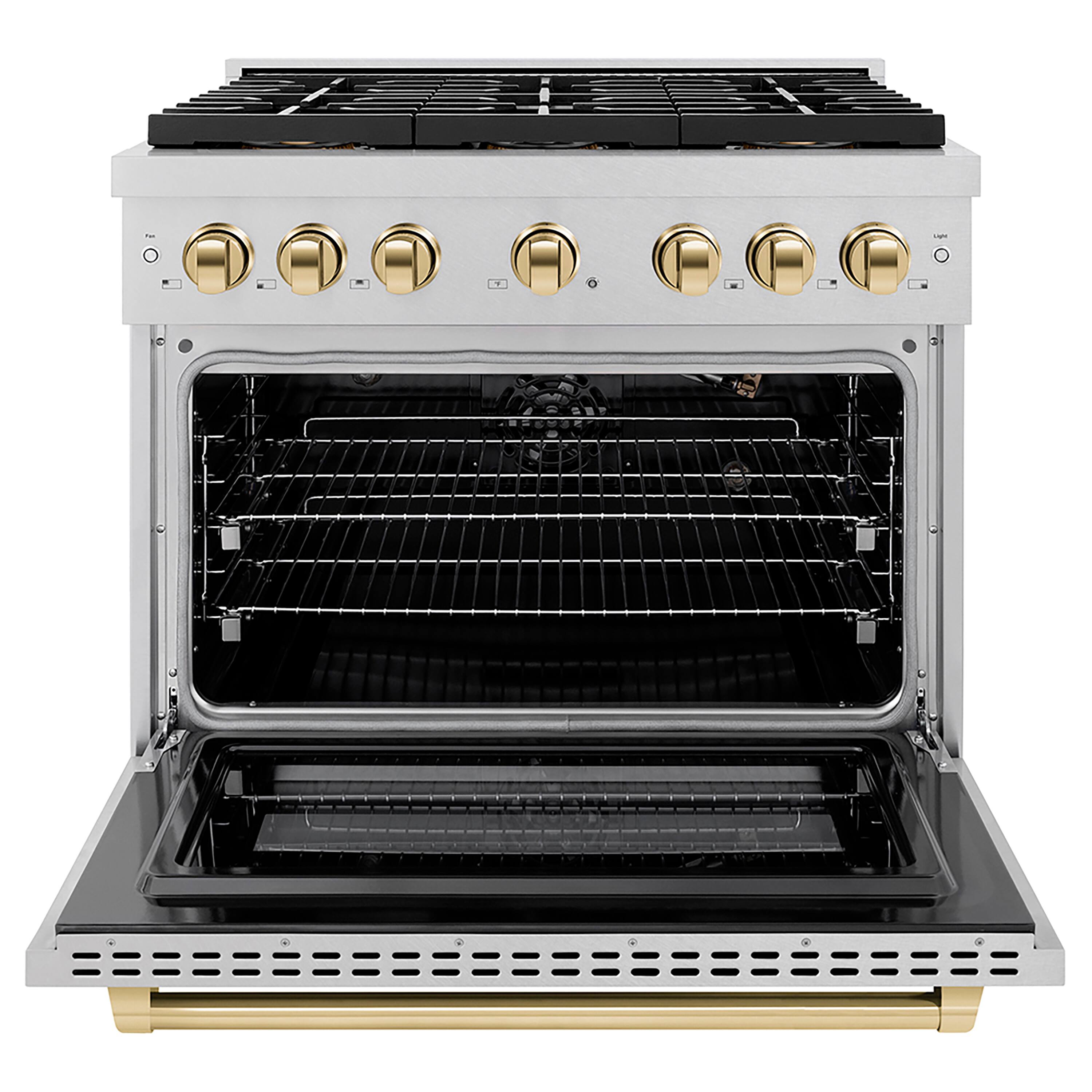 Angle. ZLINE - ZLINE Autograph 36 in. 5.2 cu. ft. Freestanding Paramount Gas DuoPro Range in Satin Steel and Polished Gold Accents - Stainless Steel.