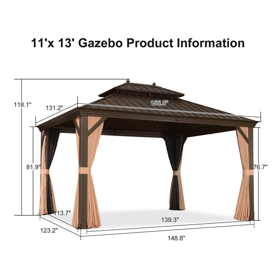 11' x 13' Gazebo Product Information

- 118.1"
- 131.2"
- 156.8"
- 81.9"
- 76.7"
- 113.7"
- 139.3"
- 123.2"
- 148.8"
