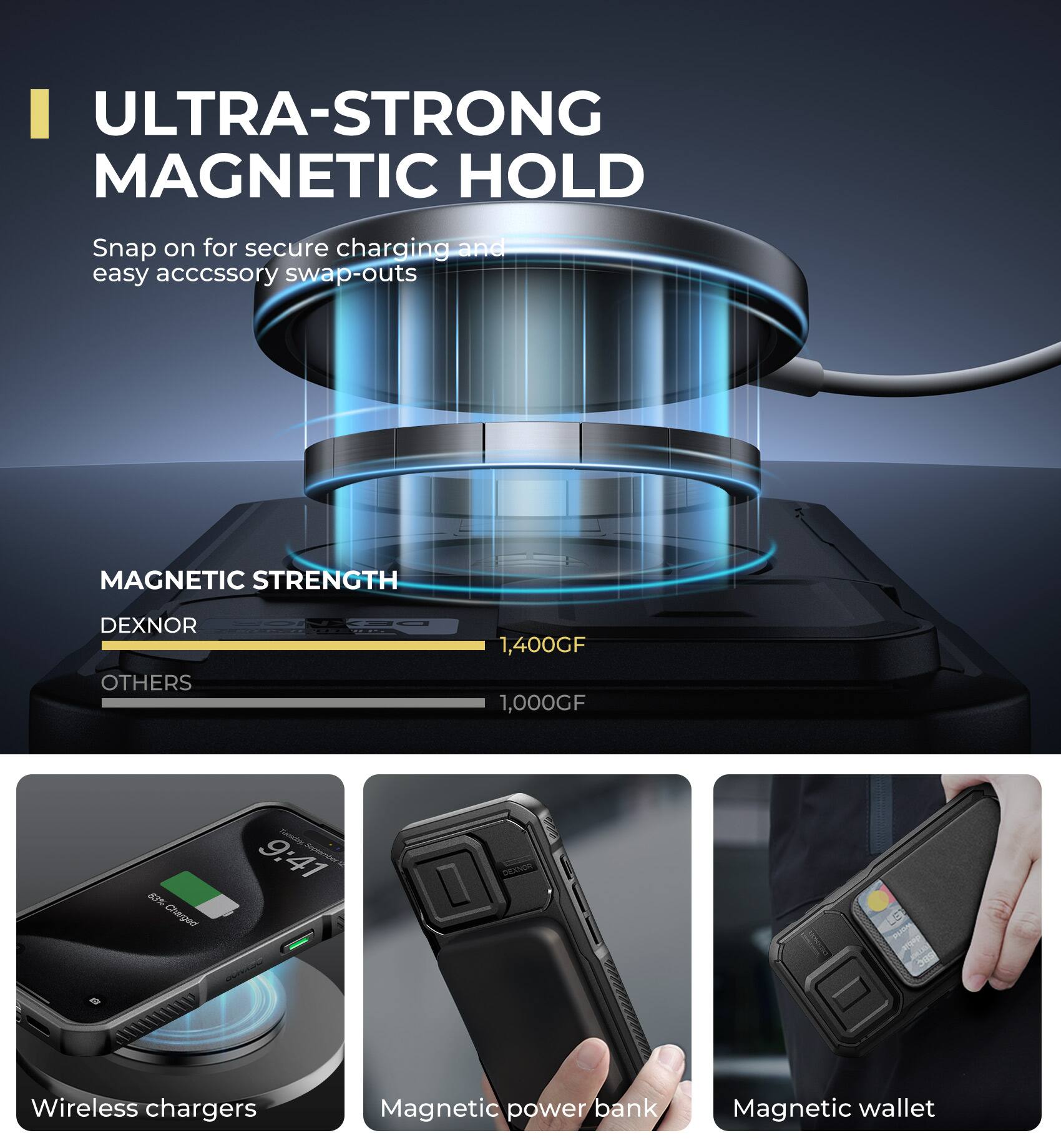 ULTRA-STRONG MAGNETIC HOLD  
Snap on for secure charging and easy accessory swap-outs  

MAGNETIC STRENGTH  
DEXNOR 1,400GF  
OTHERS 1,000GF  

Wireless chargers  
Magnetic power bank  
Magnetic wallet