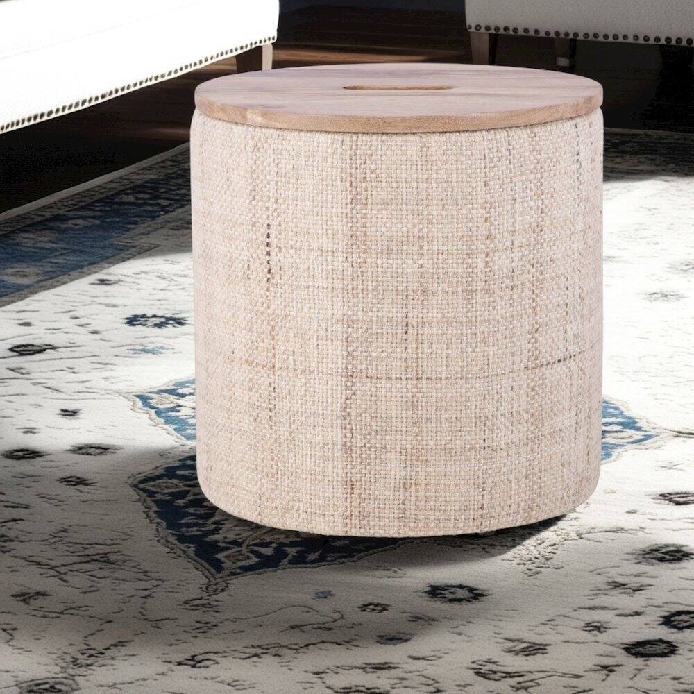 Left. Carolina Chair & Table - Handwoven Nereus Wood Top Storage Ottoman - Beige.