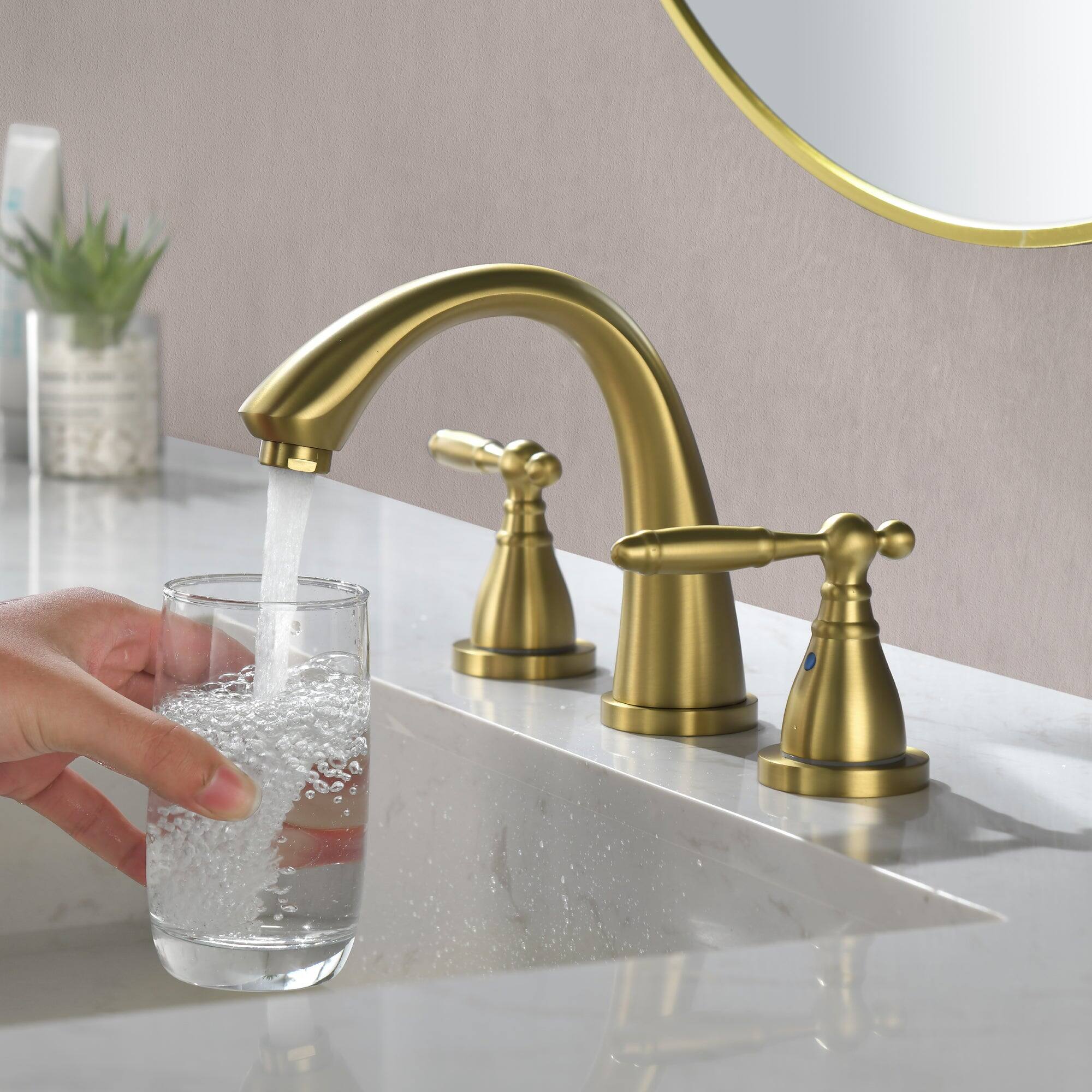 Angle. Boyel Living - 8 in Widespread Double Handle 1.2 GPM Bathroom Faucet with Quick Connect Hose and Water Supply Hose in Brushed Gold - Brushed Gold.