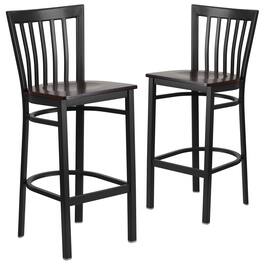 Emma + Oliver - 2 Pack School House Back Metal Restaurant Barstool - Walnut Wood Seat/Black Metal Frame