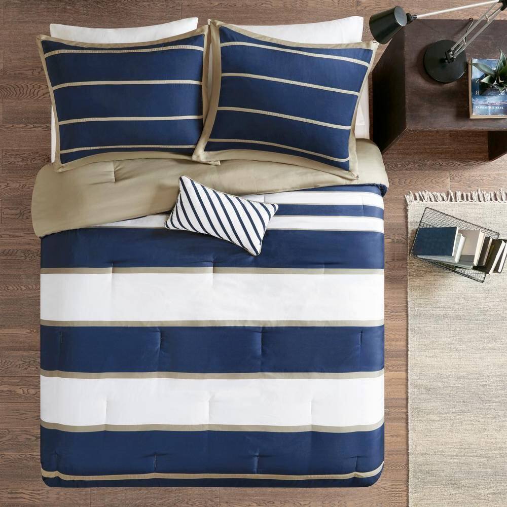 Left. Hivvago - Full / Queen size Comforter Set in Navy Blue White Khaki Stripe - Navy Blue , White, Khaki.