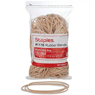 Staples
#117B Rubber Bands
Reealable Bag
1 lb - 453 g
1 in x 1/2 in - 17.8 cm x 0.3 cm
ST28621