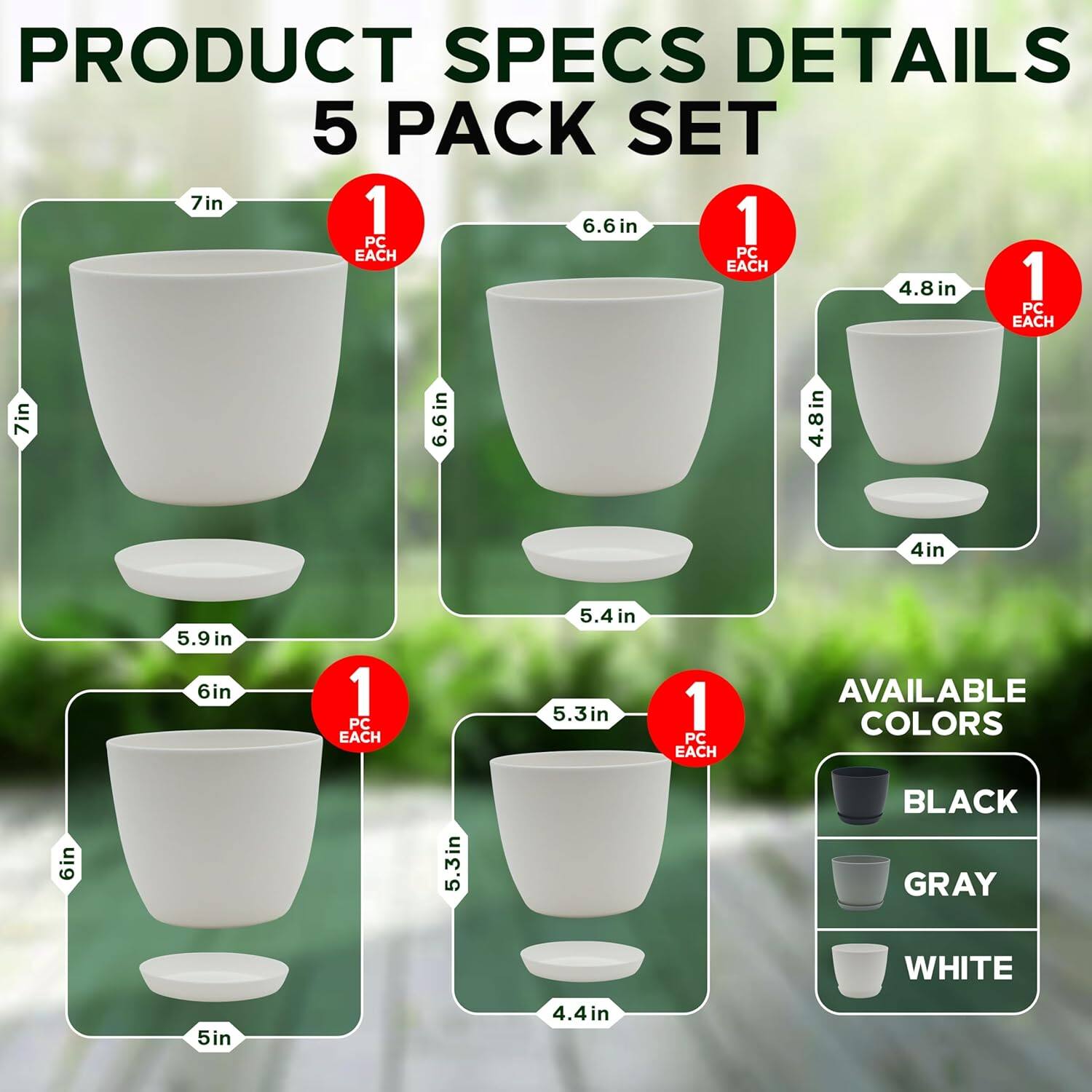 **Product Specs Details:**

- **5 Pack Set:**
  - 7in (1 PC)
  - 6.6in (1 PC)
  - 4.8in (1 PC)
  - 5.9in (1 PC)
  - 5.3in (1 PC)

**Available Colors:**
- Black
- Gray
- White