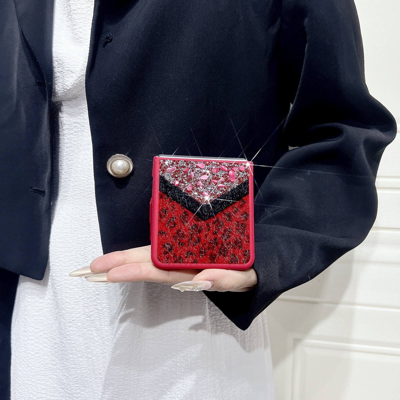 Alt View 3. Dteck - Shockproof Phone Case for Samsung Galaxy Z Flip7 with Beaded Wrist Strap, Glitter Rhinestone Hard PC Protective Cover - Red.