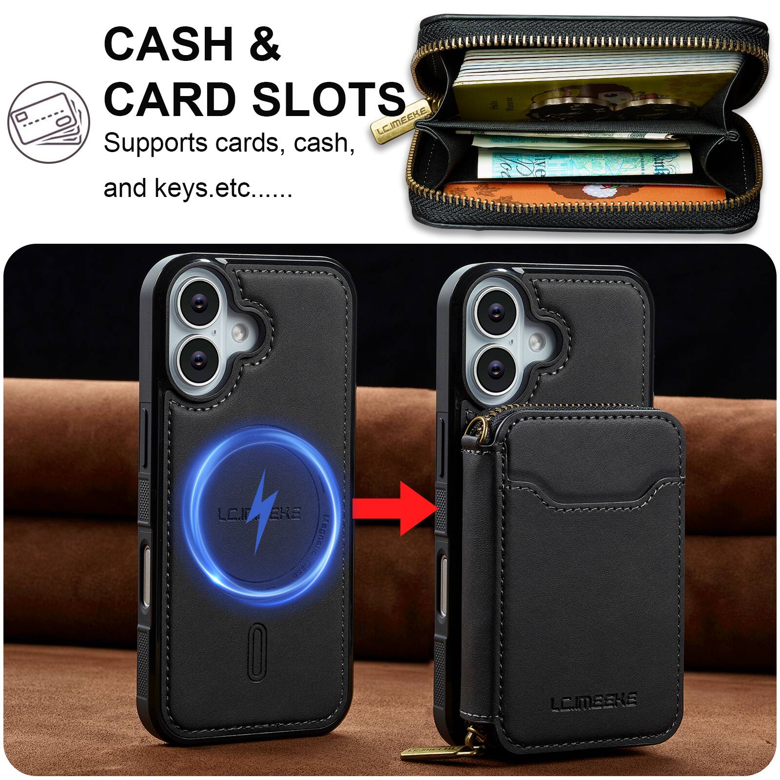 CASH & CARD SLOTS  
Supports cards, cash, and keys, etc.....