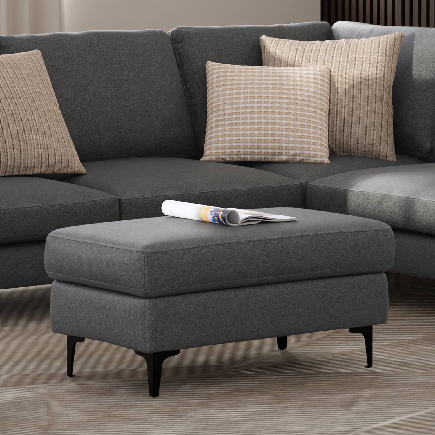 Angle. Simpli Home - Ava Ottoman in Tightly Woven Performance Fabric - Pebble Grey.