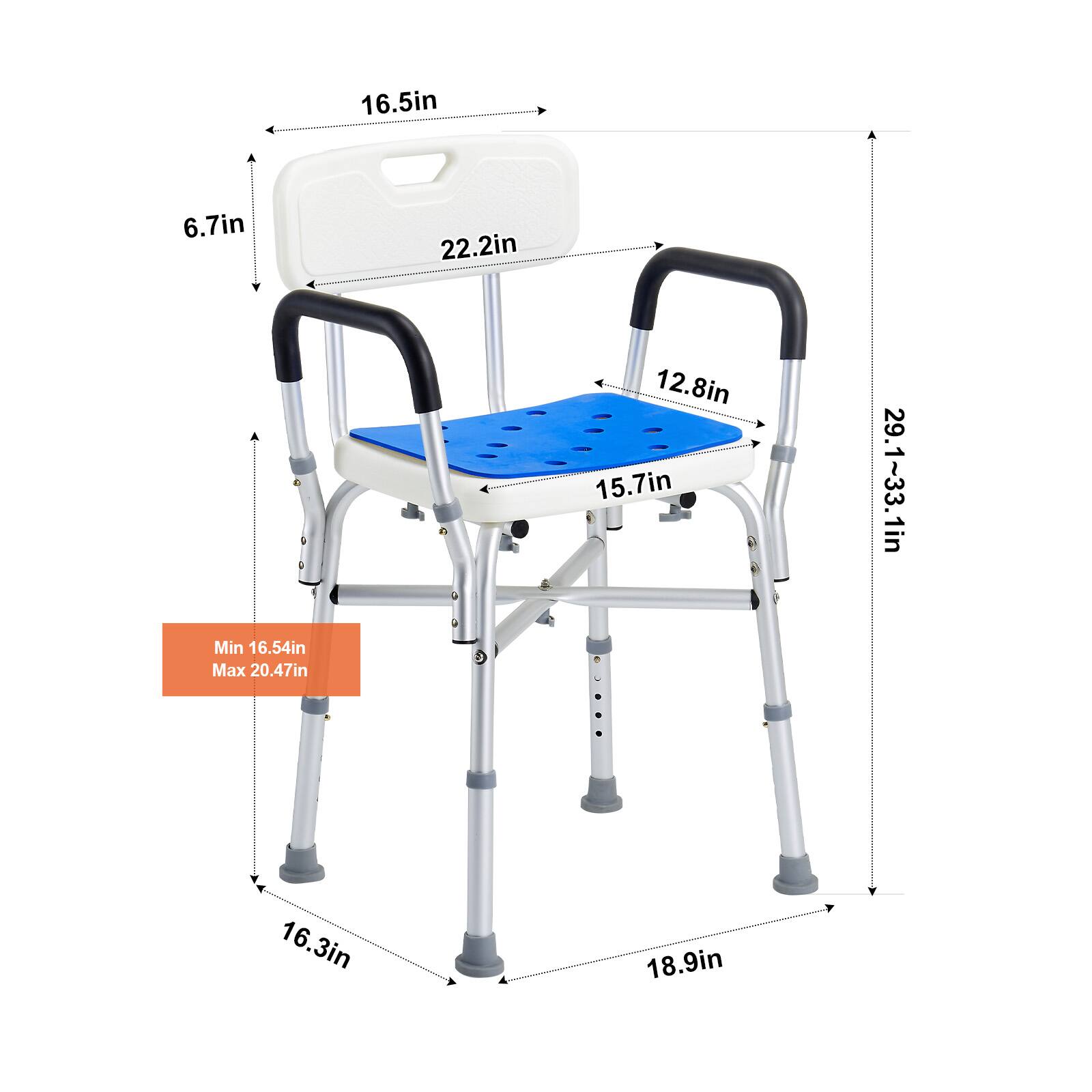 16.5in, 6.7in, 22.2in, 12.8in, 15.7in, 29.1~33.1in, 16.3in, 18.9in, Min 16.54in, Max 20.47in