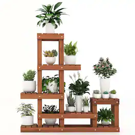 Costway - Multi-layer Wood Plant Stand Flower Shelf Rack with High Low Structure - Brown