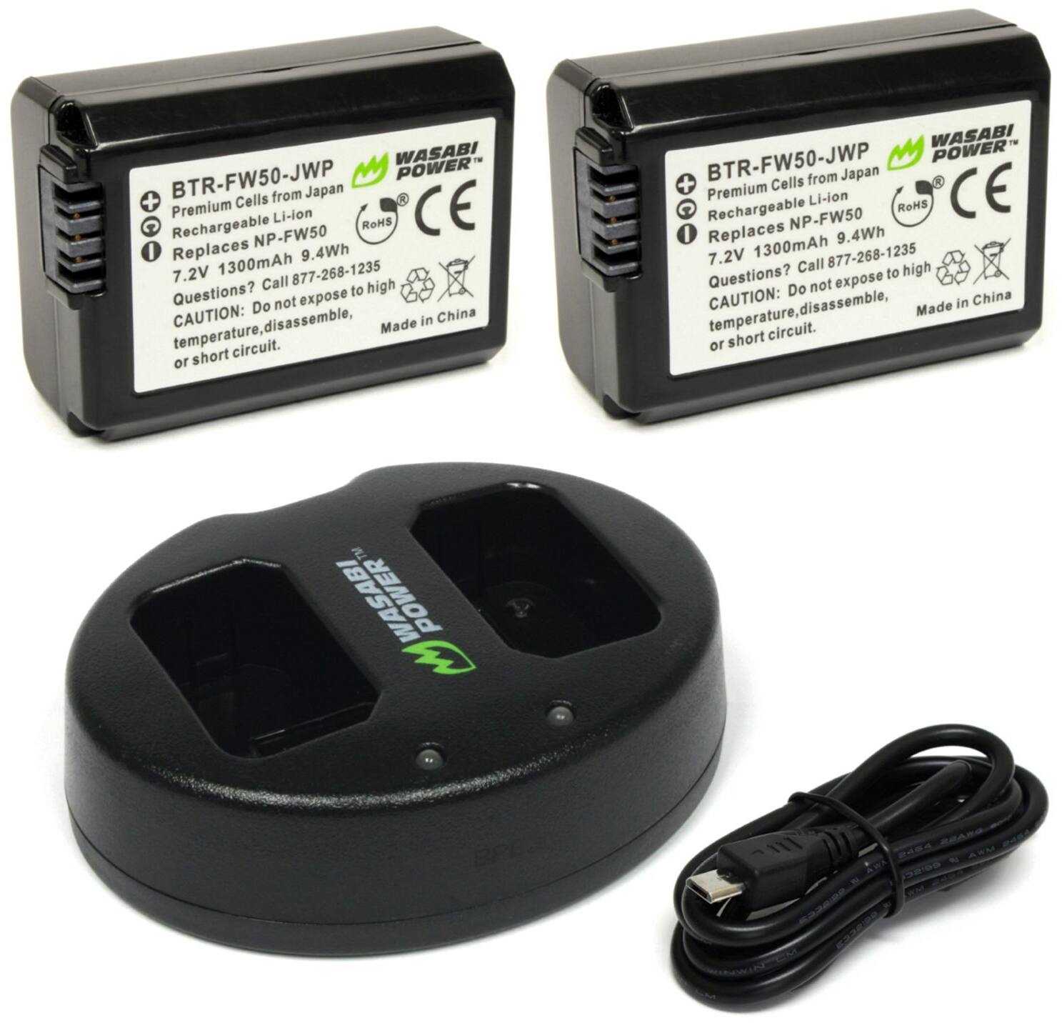 The image features two black Wasabi BTR-FW50-JWP power banks, each with a capacity of 1300mAh. They are designed to replace the NP-FW50 battery and are compatible with various devices. The power banks are made in China and come with a premium CE Li-ion battery. The image also includes a charger and a black power bank, which is placed on top of the other power bank. The products are available for purchase by calling 877-268-1235.