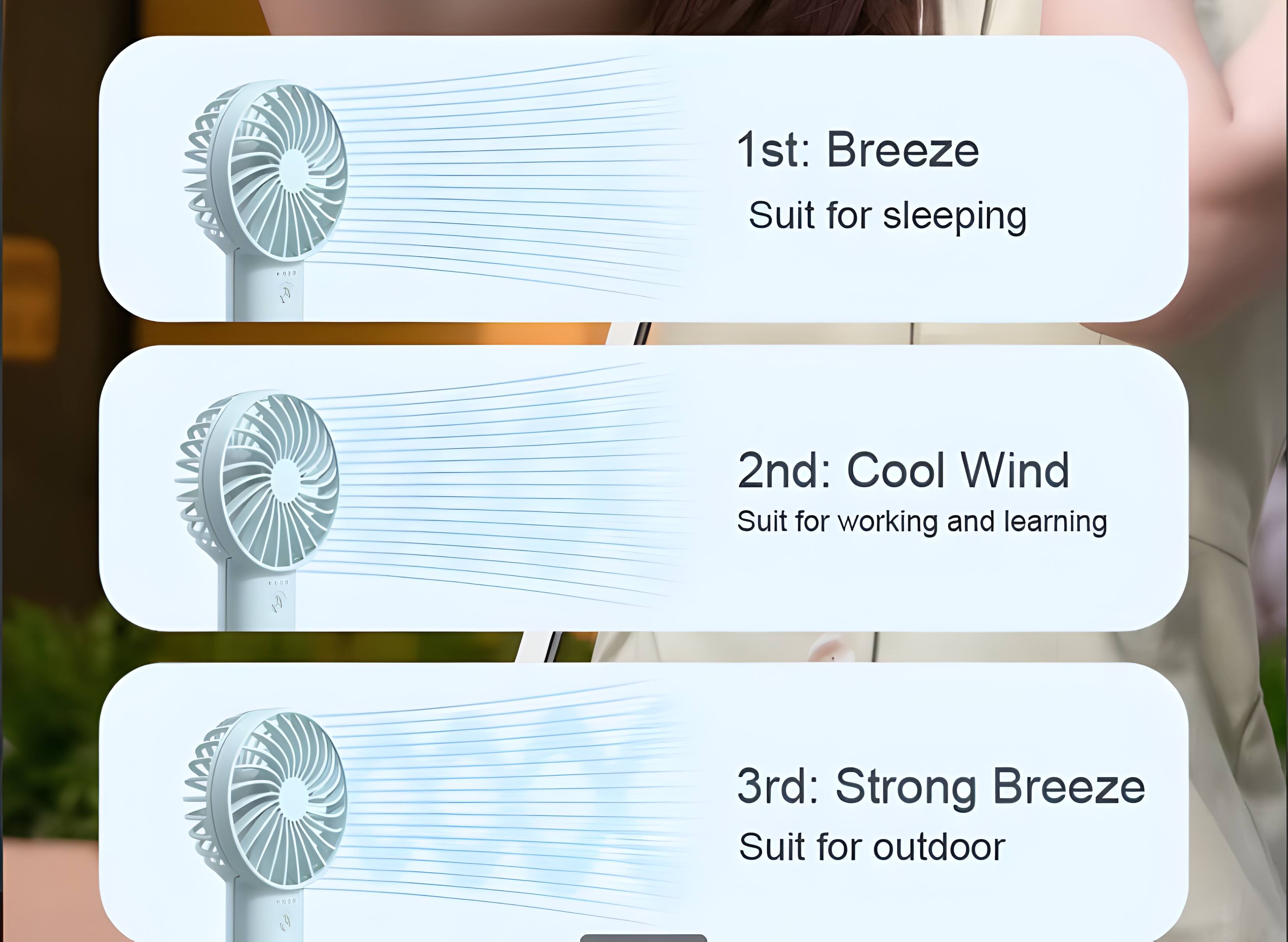 1st: Breeze Suit for sleeping  
2nd: Cool Wind Suit for working and learning  
3rd: Strong Breeze Suit for outdoor