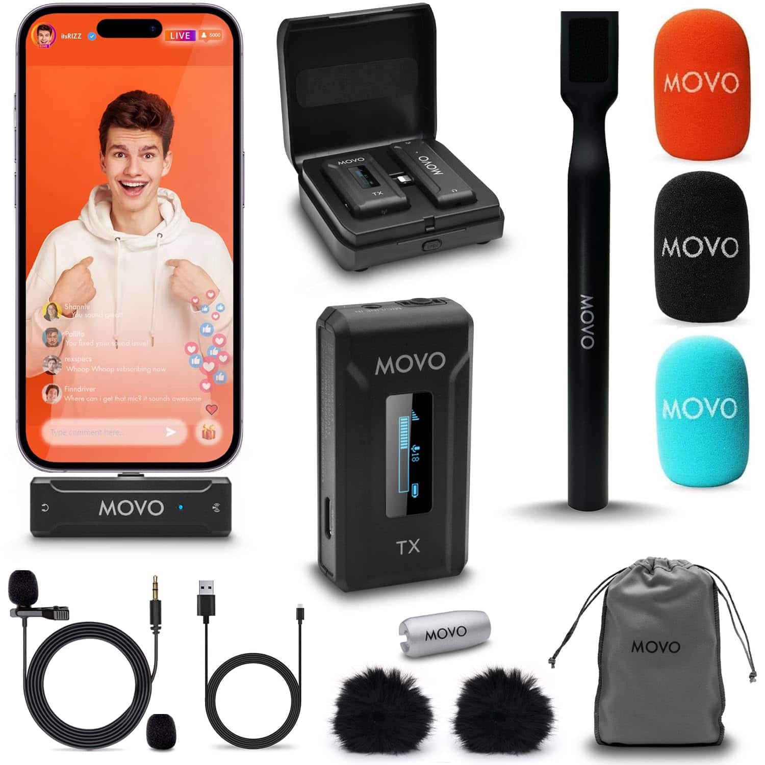 MOVO - WMX-2-L Wireless Lavalier Microphone for iPhone/Lightning Devices with WMX-HM Handheld Adapter
