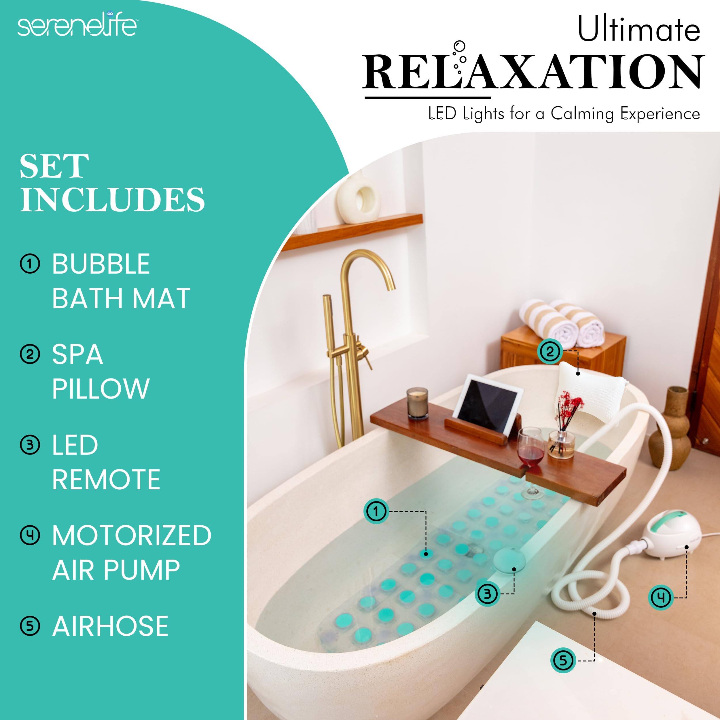 serenelife Ultimate RELAXATION LED Lights for a Calming Experience SET INCLUDES 1 BUBBLE BATH MAT 2 SPA PILLOW 3 LED REMOTE 4 MOTORIZED AIR PUMP 5 AIRHOSE