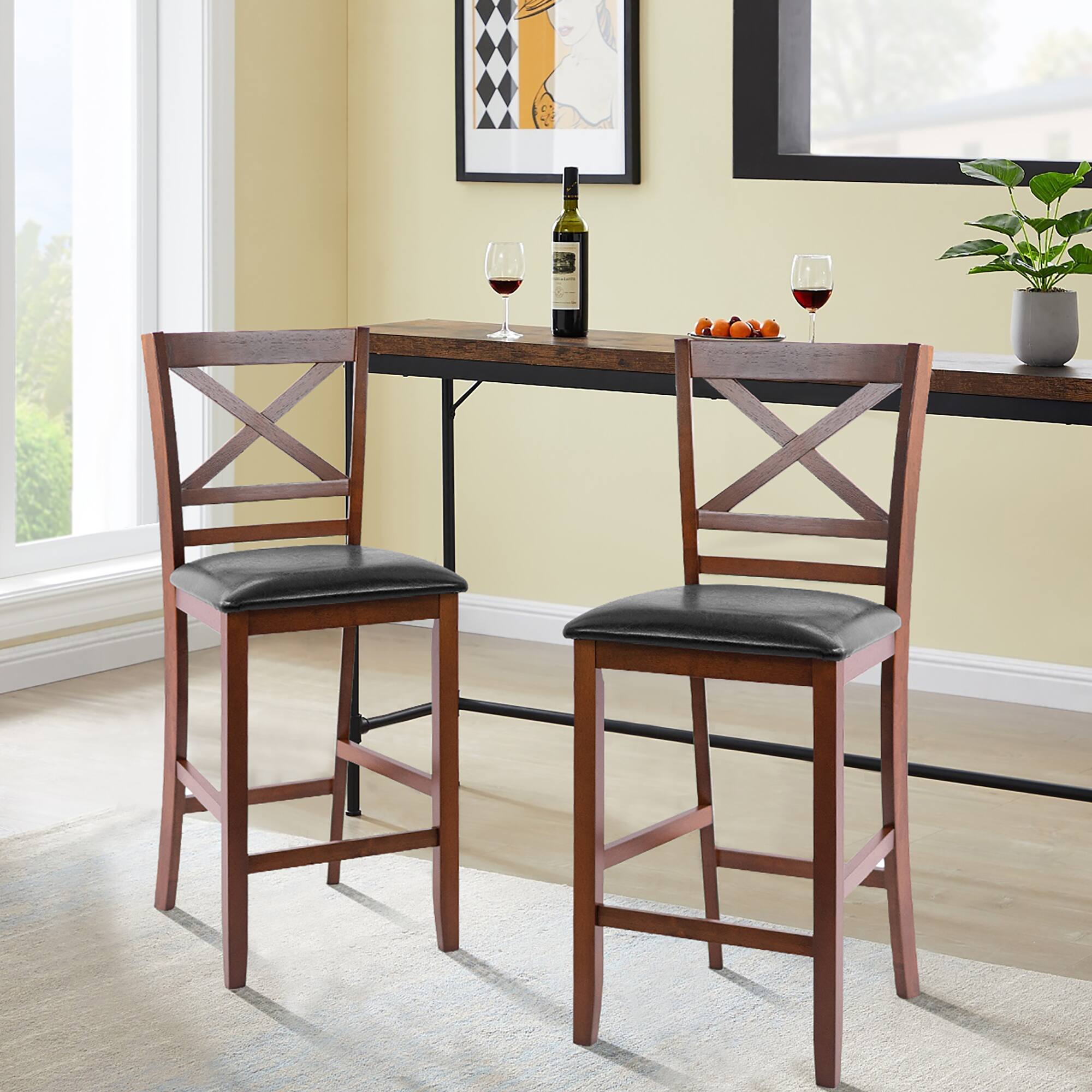Alt View 3. Costway - Costway Set of 4 Bar Stools 25" Counter Height Chairs w/ PU Leather Seat - Antique Walnut,Black.
