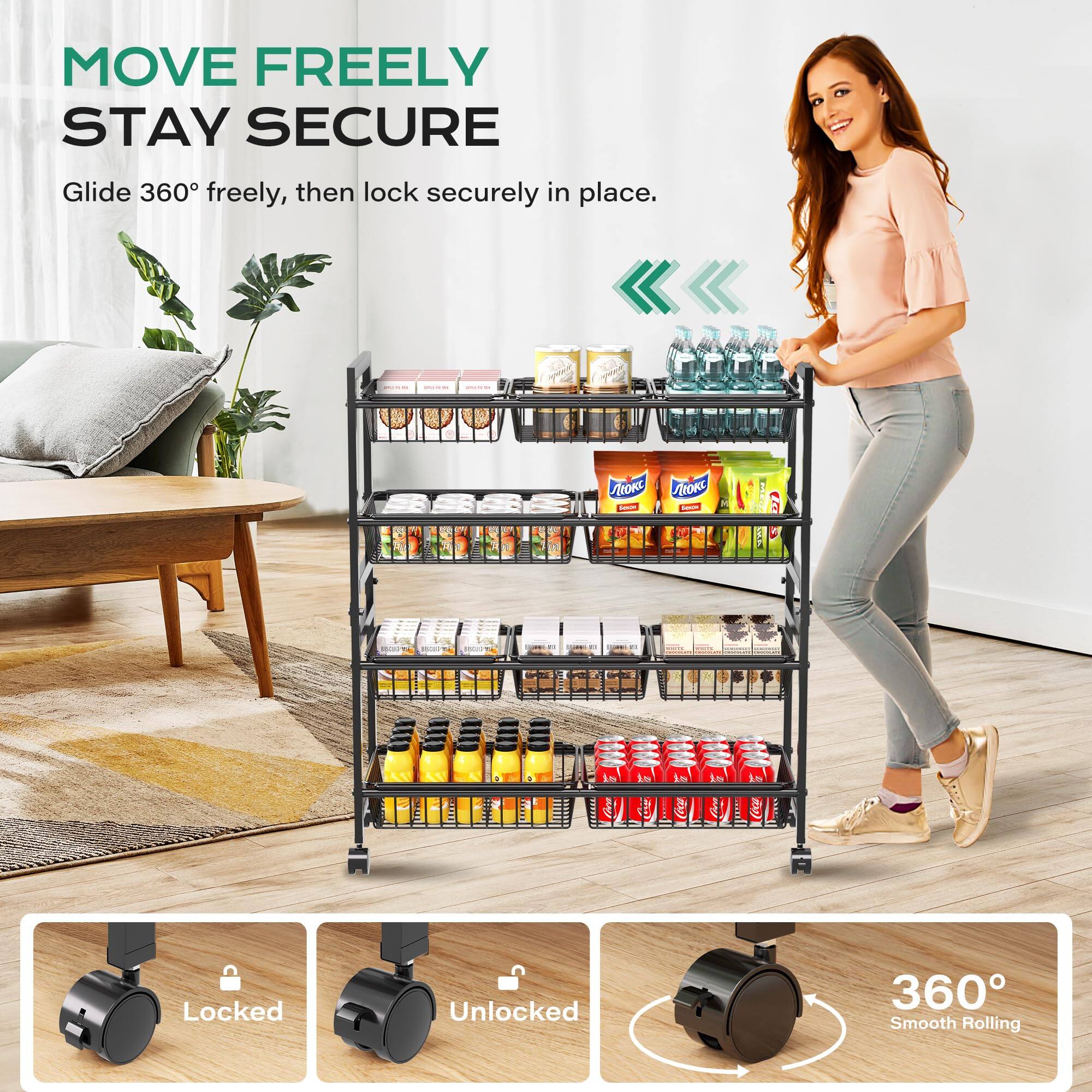 JETRANSPORT 4 tier Kitchen Storage Cart Adjustable Rolling Pantry With ...