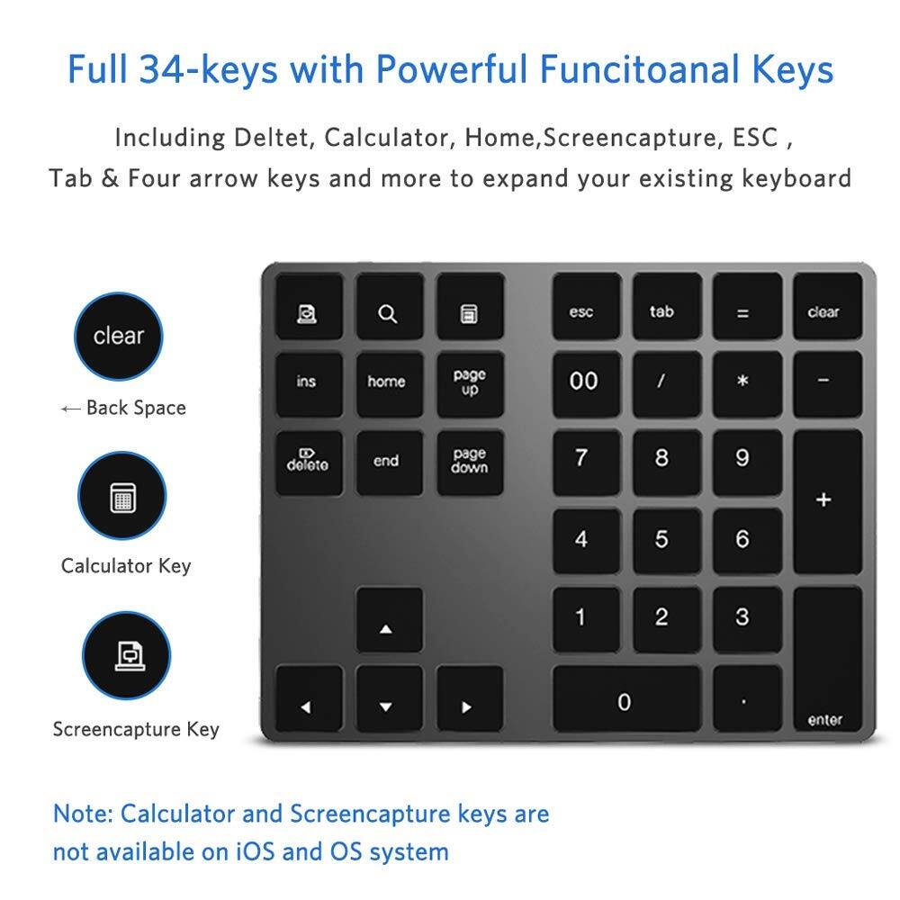 Full 34-keys with Powerful Functional Keys  
Including Delete, Calculator, Home, Screenshot, ESC, Tab & Four arrow keys and more to expand your existing keyboard  

- Clear = Back Space  
- Calculator Key  
- Screenshot Key  

Note: Calculator and Screenshot keys are not available on iOS and OS system