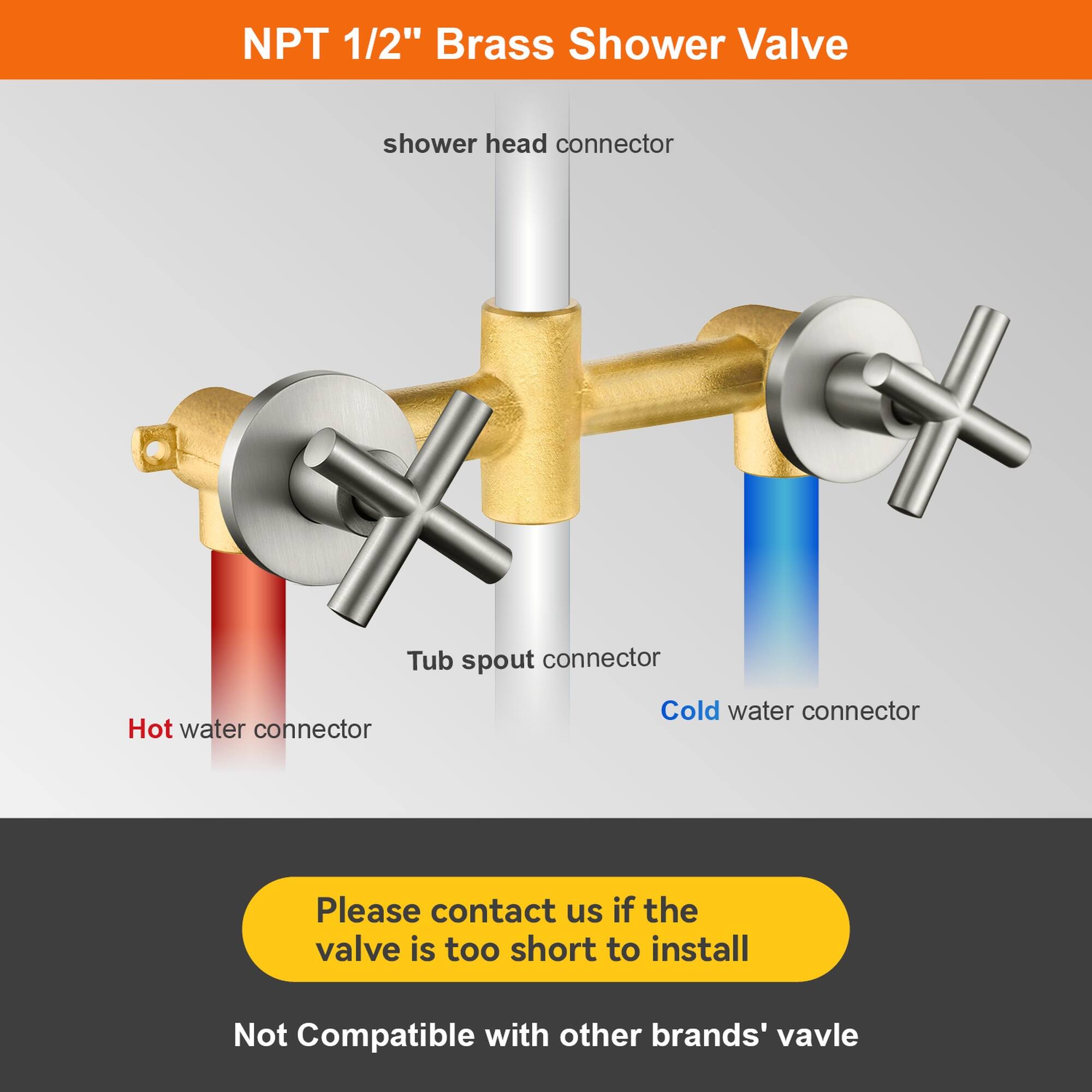 NPT 1/2" Brass Shower Valve

- Shower head connector
- Tub spout connector
- Hot water connector
- Cold water connector

Please contact us if the valve is too short to install

Not Compatible with other brands' valve