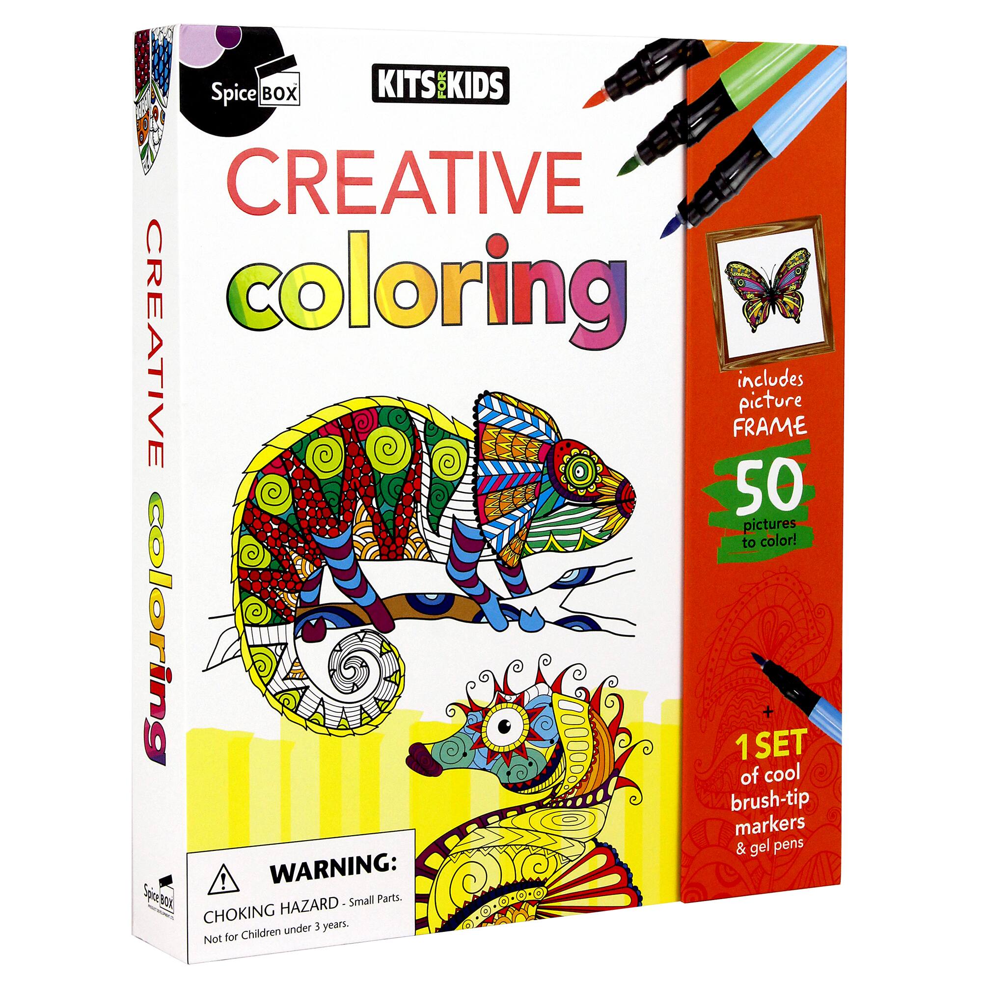The text on the image reads: "Spice Box Kits for Kids Creative Coloring includes picture frame 50 pictures to color! 1 SET of cool brush-tip markers & gel pens! WARNING: Small Parts. Choking Hazard - Not for children under 3 years."