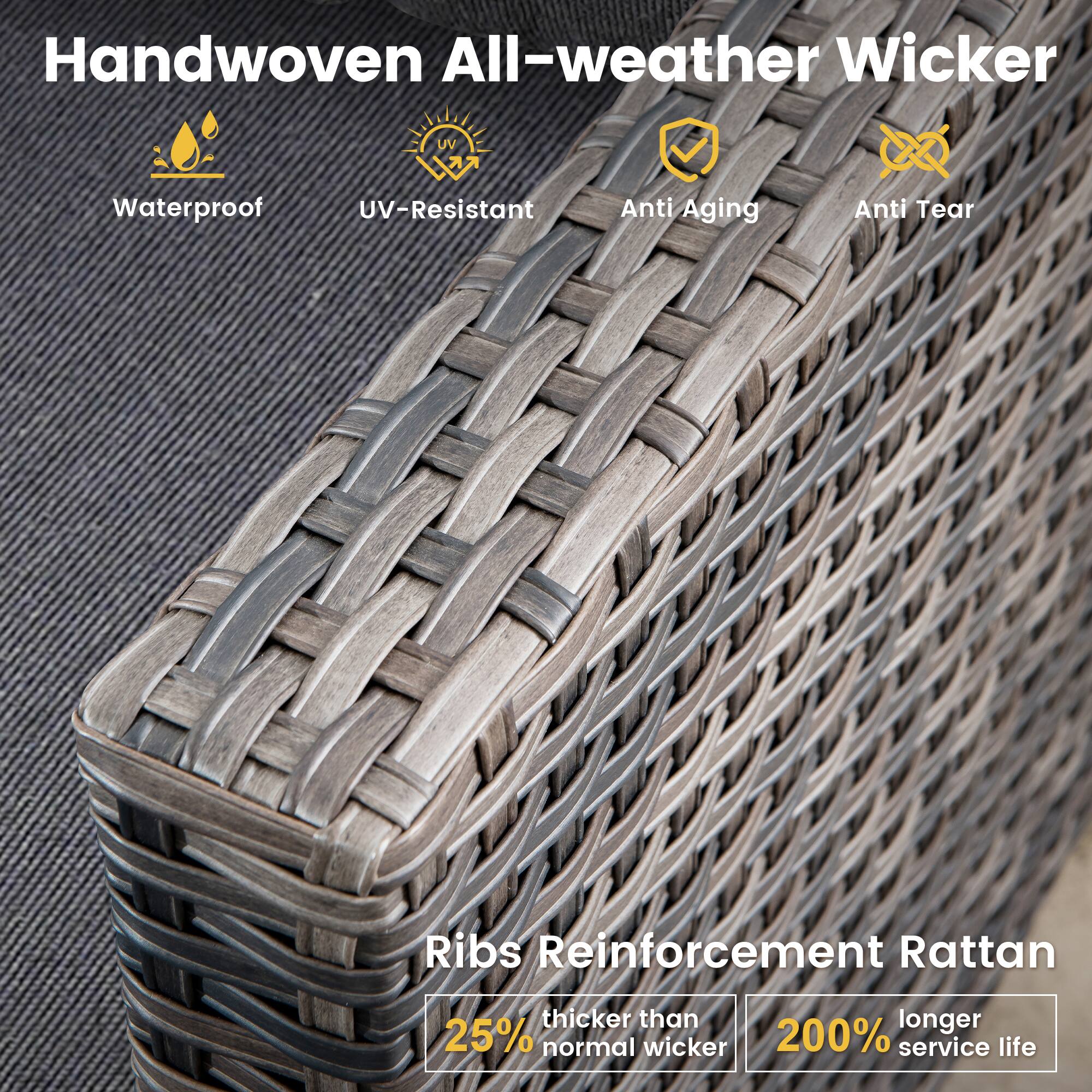 Handwoven All-weather Wicker

- Waterproof
- UV-Resistant
- Anti Aging
- Anti Tear

Ribs Reinforcement Rattan
- 25% thicker than normal wicker
- 200% longer service life