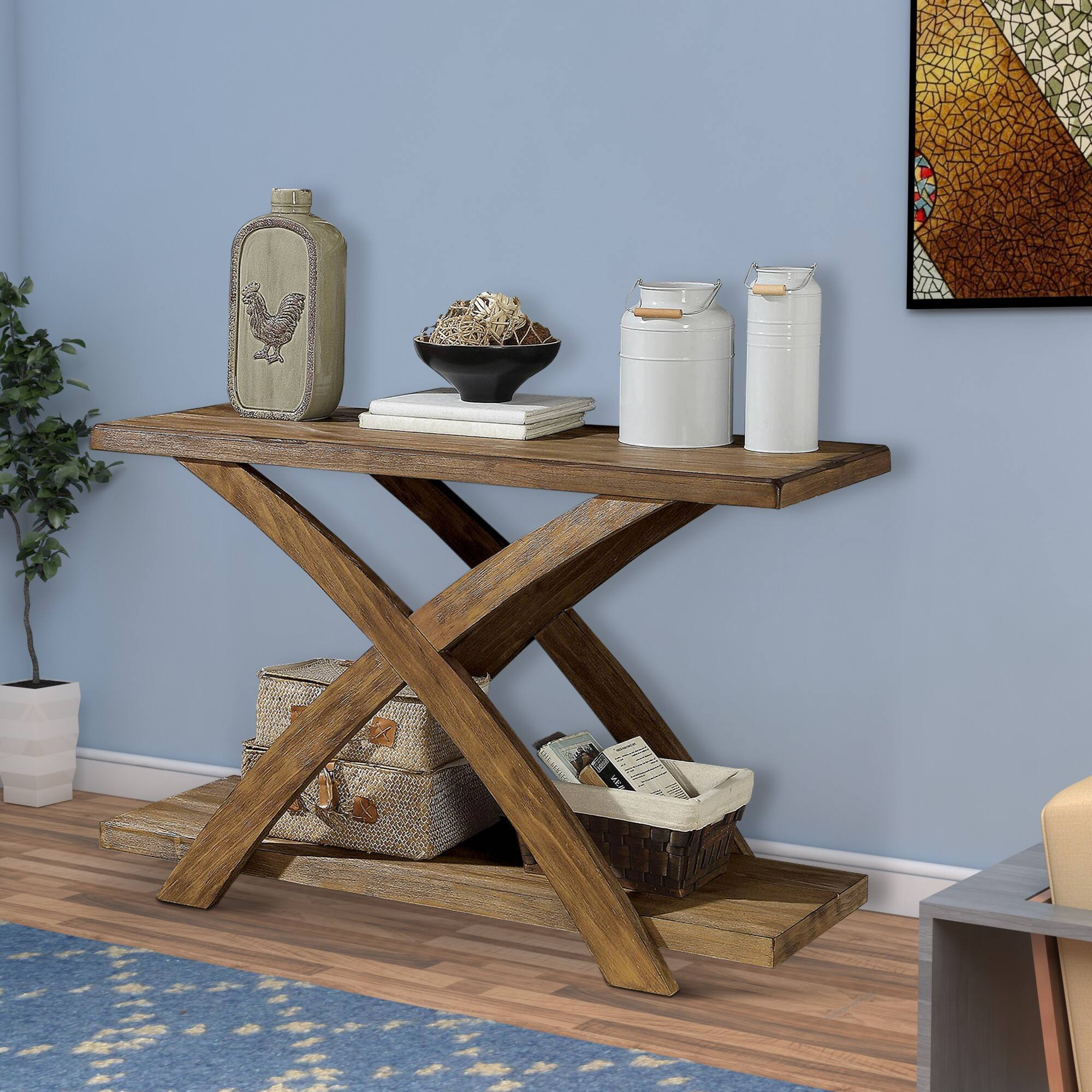 Alt View 5. Manhattan Lane - Wooden Sofa Table with Open Bottom Shelf and X Shaped Base, Antique Light Oak Brown - Brown.