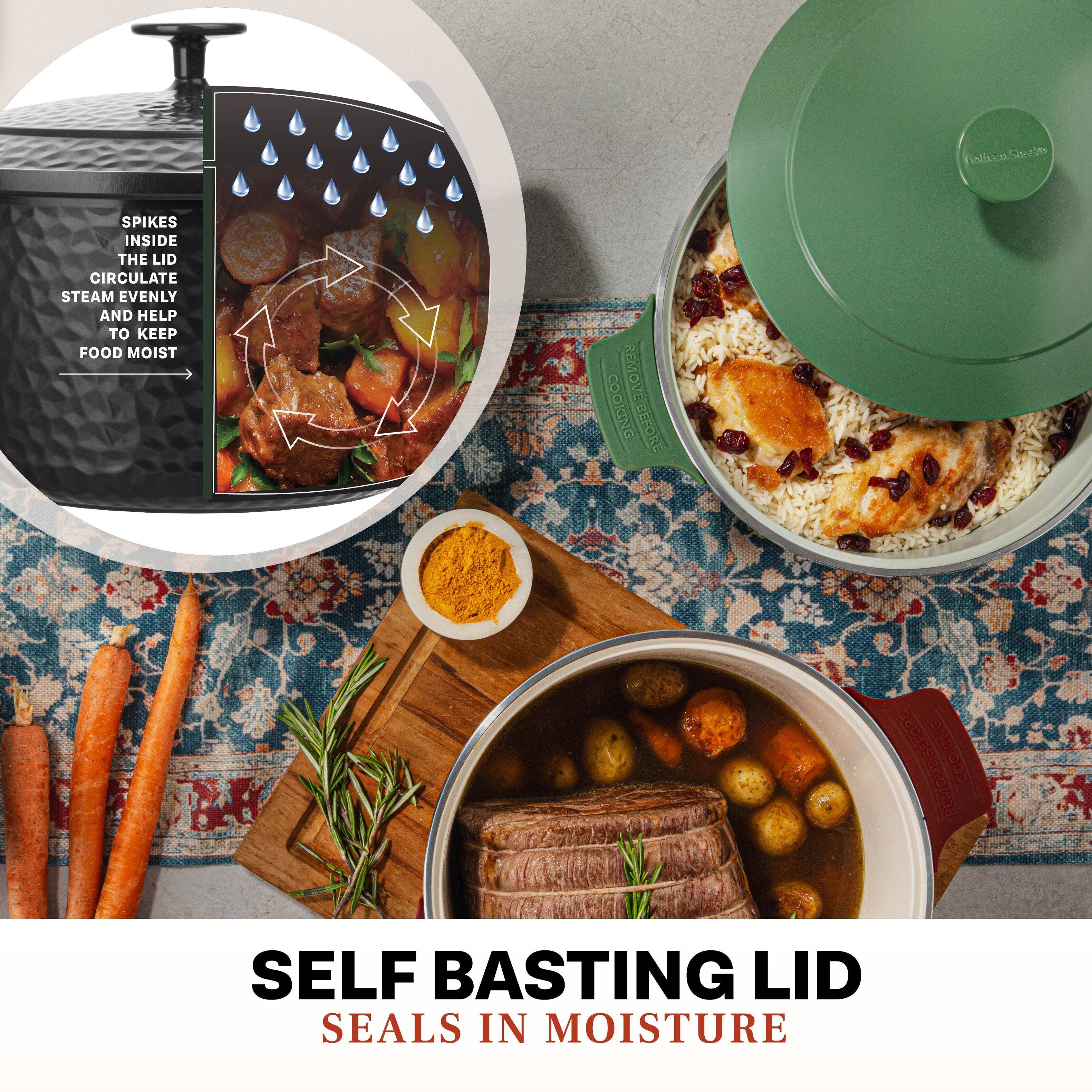 Spikes inside the lid circulate steam evenly and help to keep food moist.

Self Basting Lid
Seals in Moisture