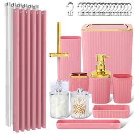 Earthley Blooms - Bathroom Accessory Set Pieces Light Accessories With Trash Can Toothbrush Holder Soap Dispenser Cup Vanity - Pink Bath set withcurtain
