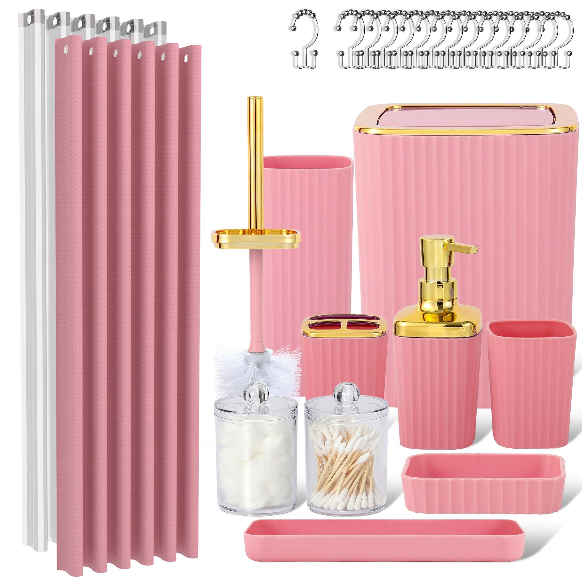 Front. Earthley Blooms - Bathroom Accessory Set Pieces Light Accessories With Trash Can Toothbrush Holder Soap Dispenser Cup Vanity - Pink Bath set withcurtain.