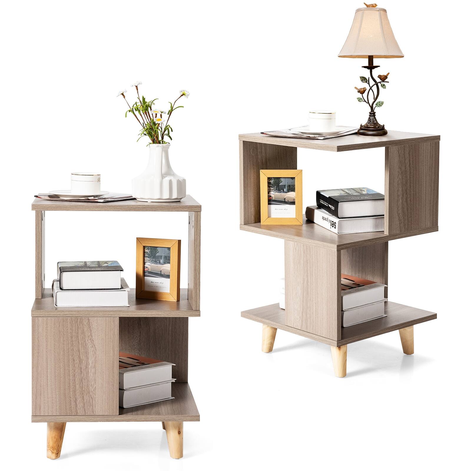 Ecooso - Set of 2 Wooden Nightstands with Solid Wood Legs Modern End Tables for Living Room - Gray
