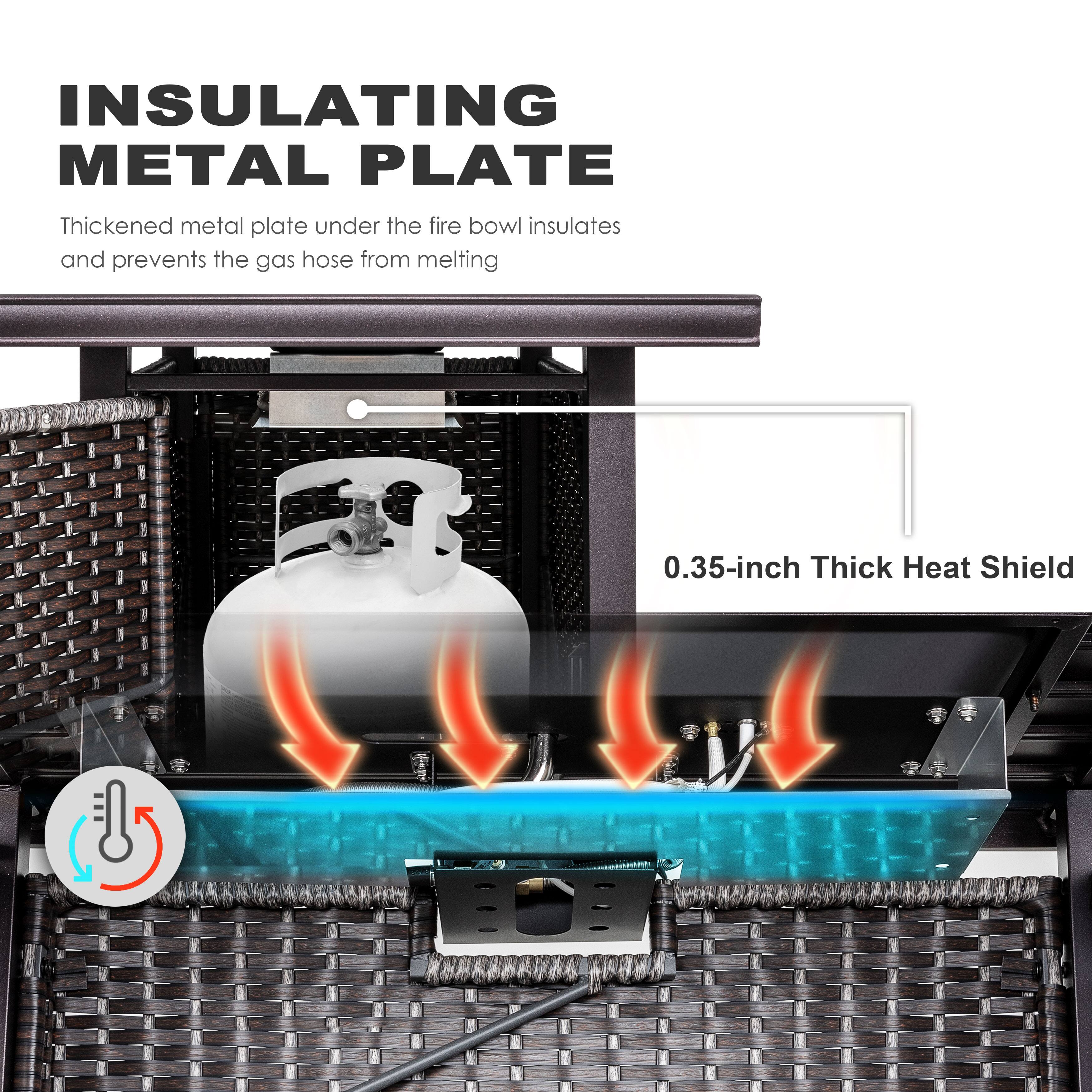 INSULATING METAL PLATE  
Thickened metal plate under the fire bowl insulates and prevents the gas hose from melting  

0.35-inch Thick Heat Shield
