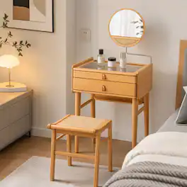 WELLFOR - Bamboo Makeup Vanity Table Set with Angle‑Adjustable Round Mirror, Tempered Glass Tabletop, 2 Drawers & Stool - Natural