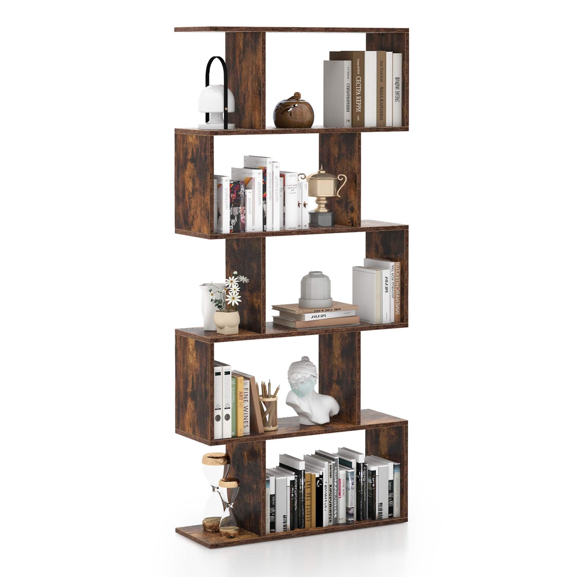 Costway - 1 PC 5-Tier Bookshelf Geometric S-Shaped Bookcase Room Divider Storage Display Shelf - Rustic Brown,Black