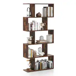Costway - 1 PC 5-Tier Bookshelf Geometric S-Shaped Bookcase Room Divider Storage Display Shelf - Rustic Brown,Black