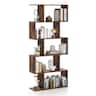Costway - 1 PC 5-Tier Bookshelf Geometric S-Shaped Bookcase Room Divider Storage Display Shelf - Rustic Brown,Black