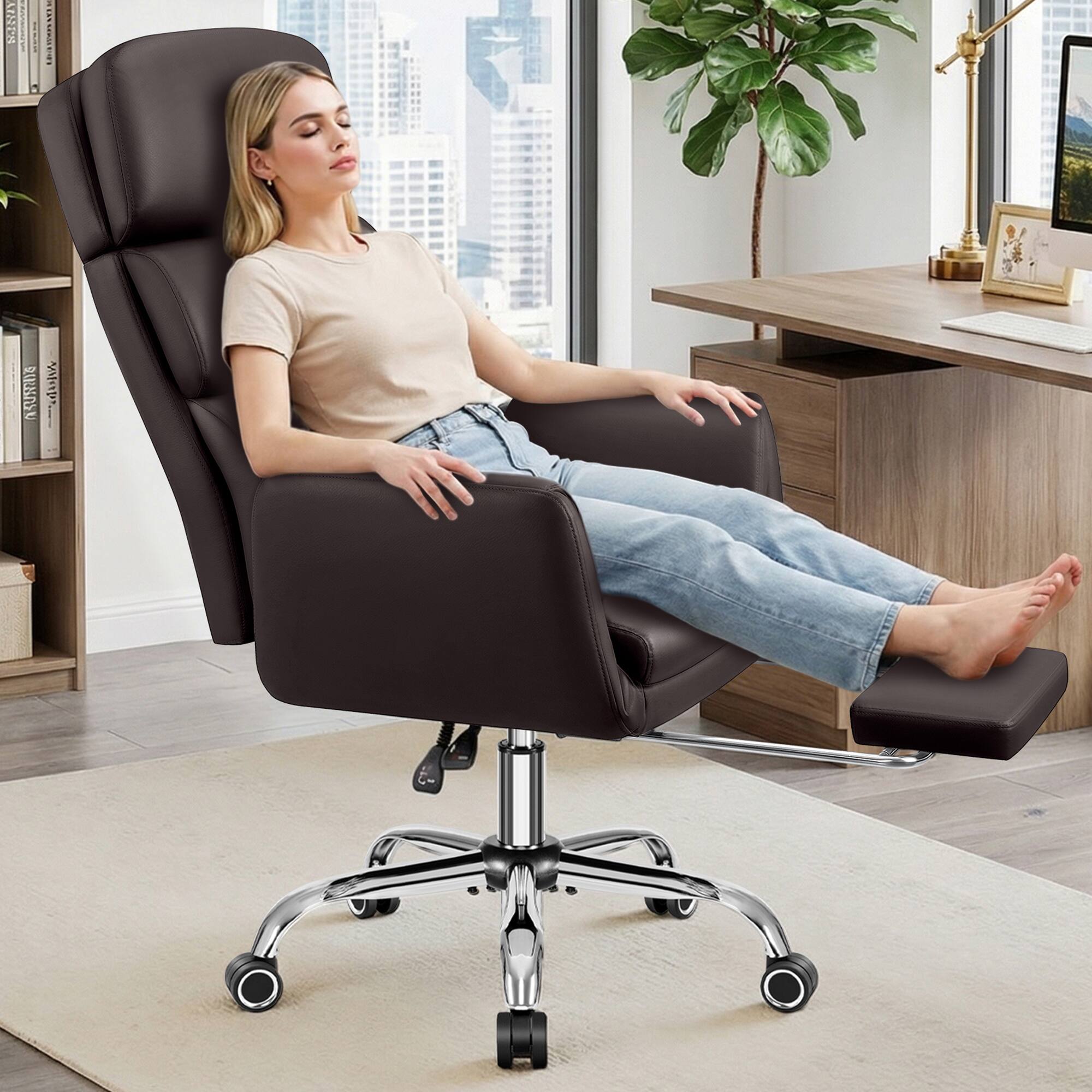 Alt View 7. KERDOM - High Back Ergonomic Chair with Footrest Lifting Headrest, Reclining Swivel Wide Seat Computer Desk Chair for Home Office - Coffee.
