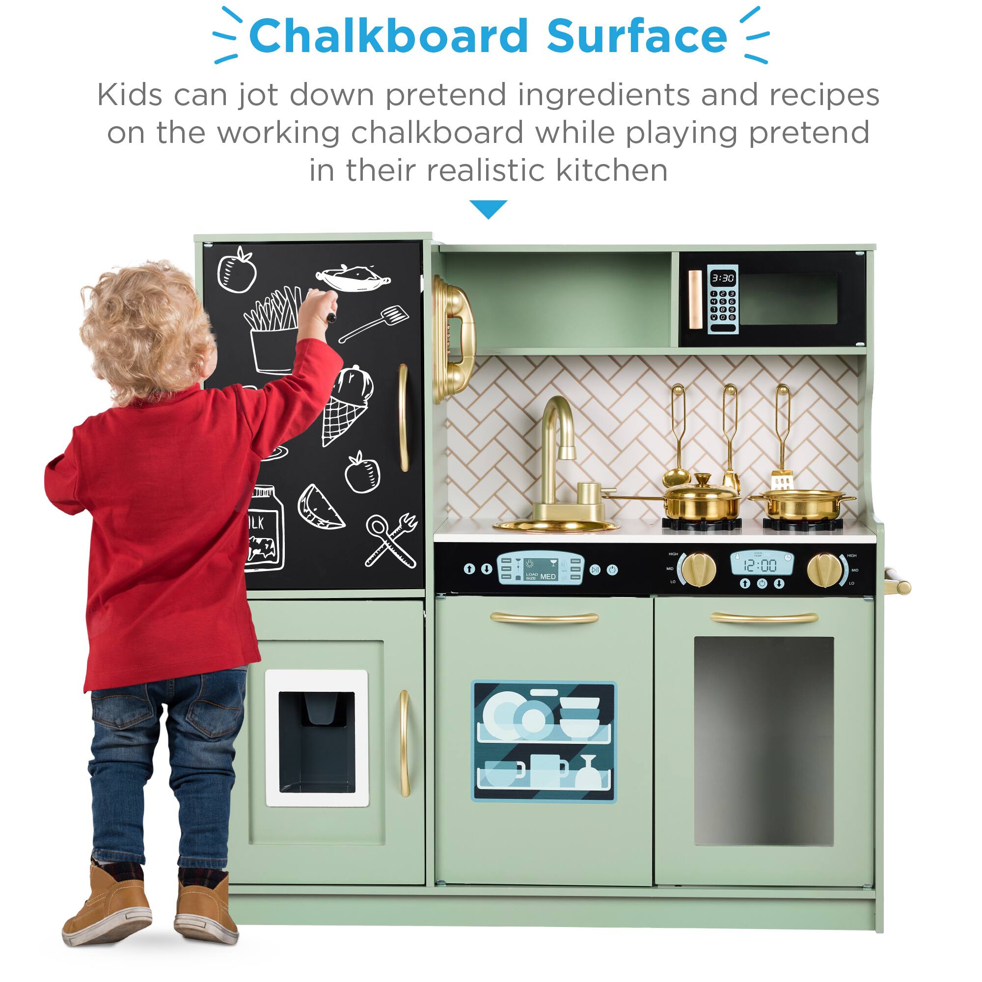 Chalkboard Surface

Kids can jot down pretend ingredients and recipes on the working chalkboard while playing pretend in their realistic kitchen.
