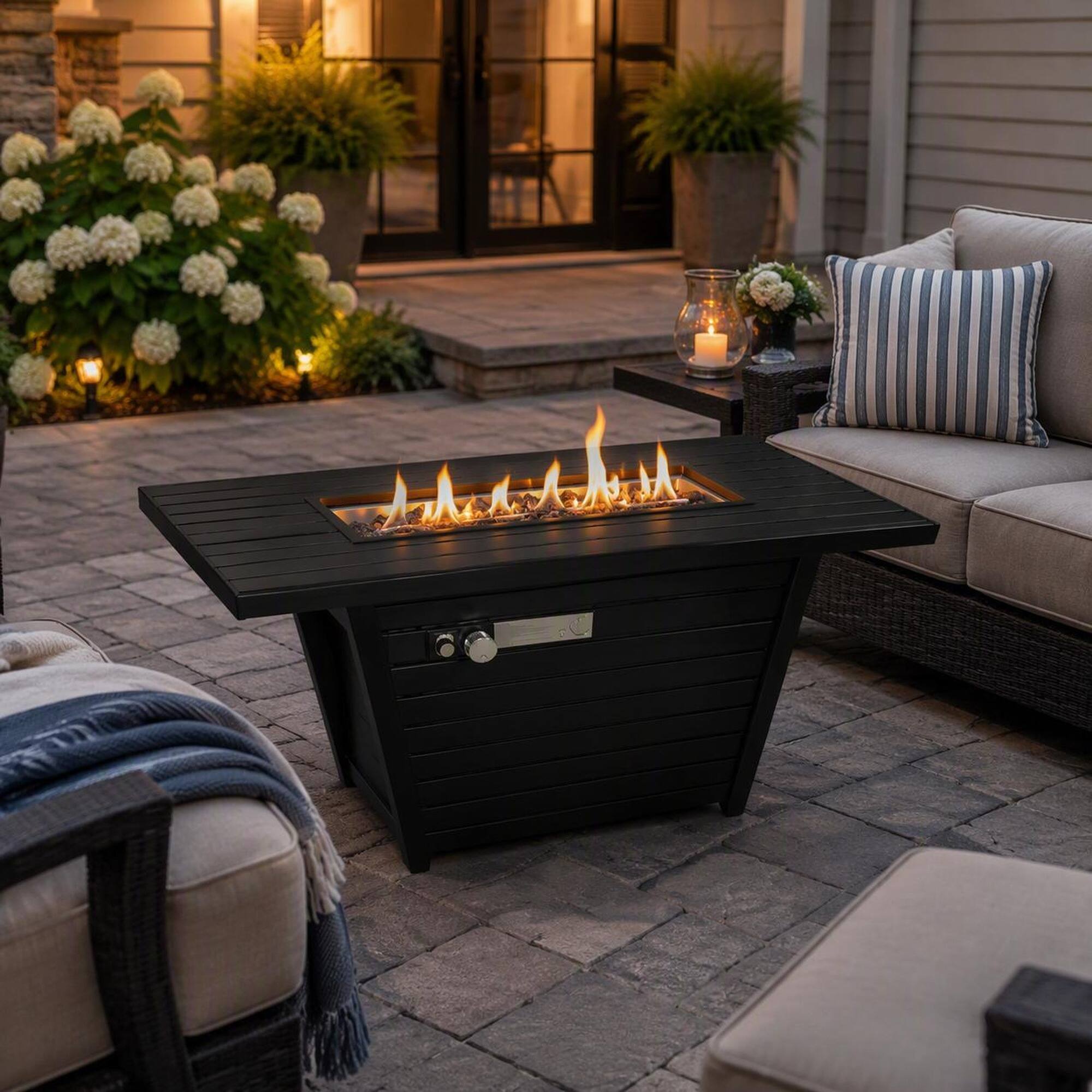 Alt View 1. RYHNUYNE - 42"W x 25" H Black Steel Outdoor Fire Pit Table with Lid, Rectangular Patio Firepit for Backyard & Deck - Black.